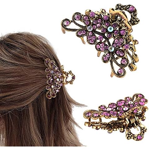 CROWN GUIDE Vintage Rhinestone Hair Claw Crystal Jaw Clips,Metal Alloy Fancy Hair Barrette Decorative Flowers Hair Clasps Accessories for Women Thick Hair Purple Cover