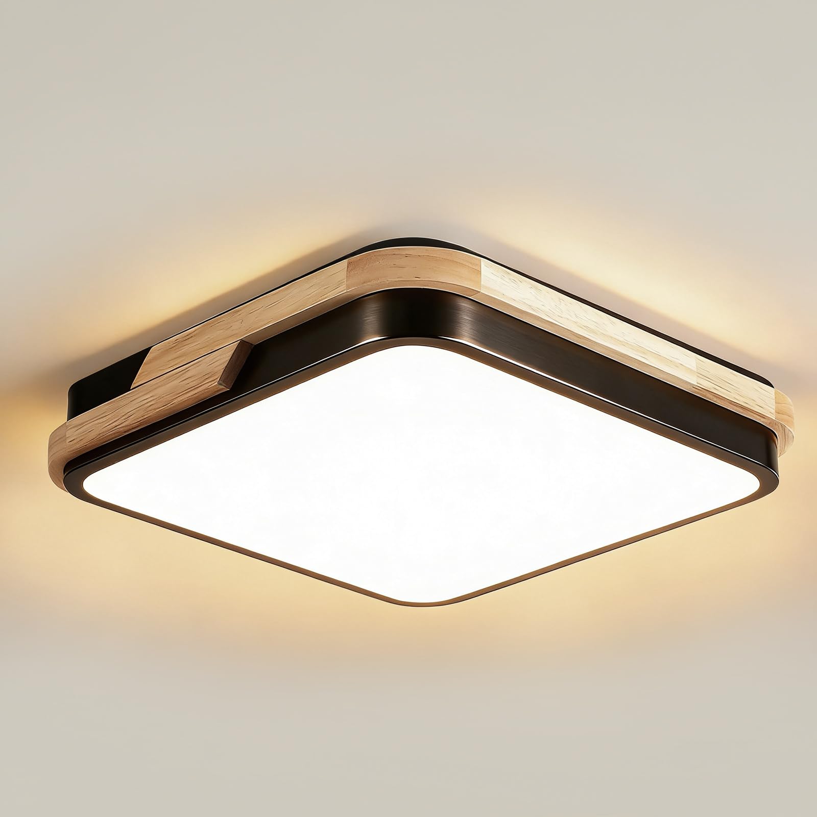 Kinberry 25W LED Ceiling Light, Modern Square Wooden Ceiling Lamp, Warm White 3000K, for Living Room, Bedroom, Kitchen and Hallway (Black)