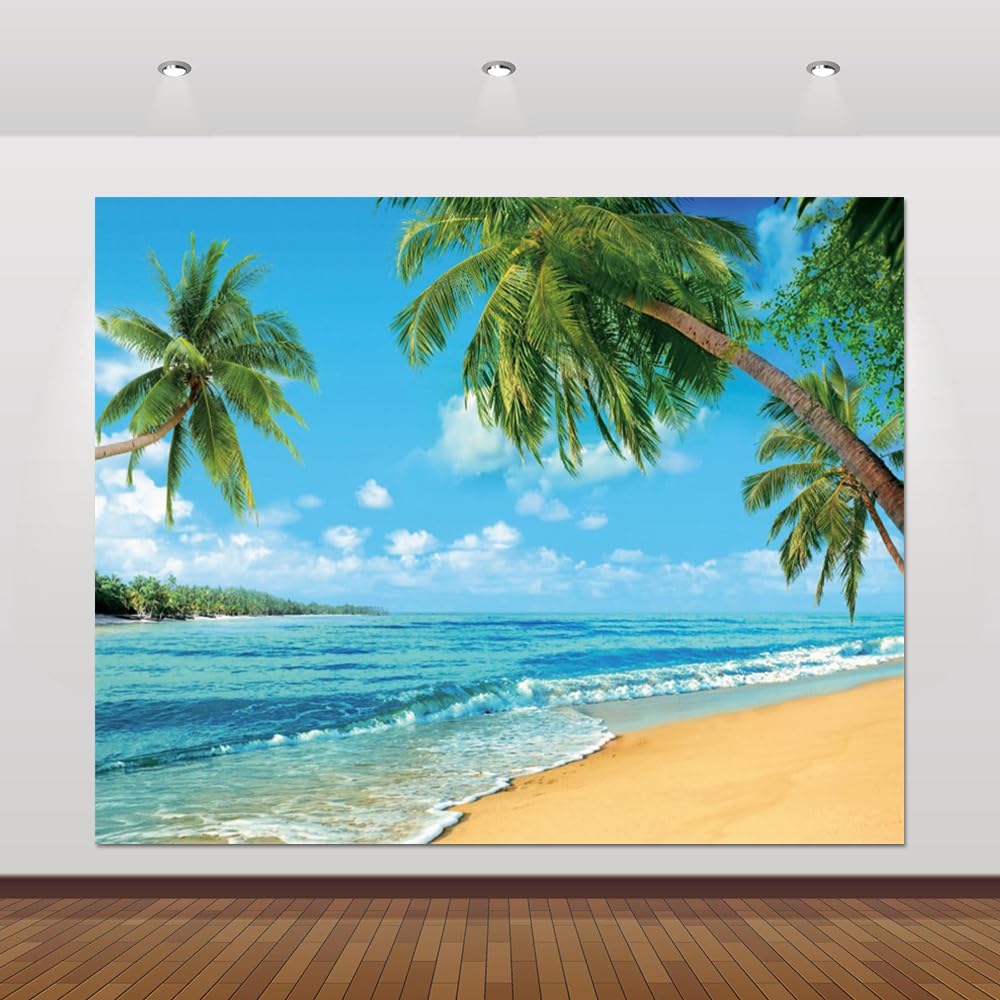 Beach Backdrop 10x8ft Hawaiian Ocean Sea Summer Tropical Palm Tree Seaside Backdrop Banner for Photoshoot Luau Aloha Hawaii Beach Party Decorations Background