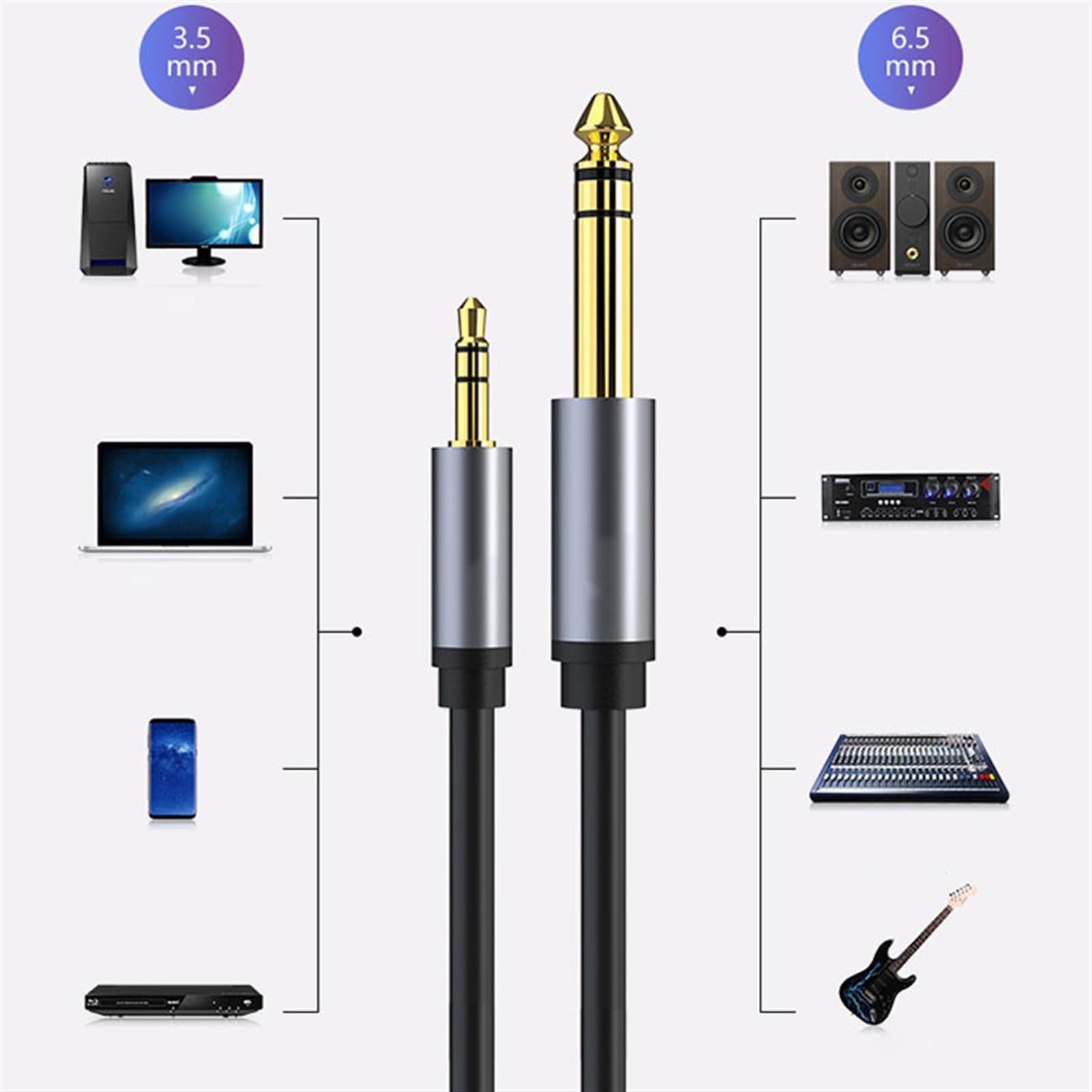kabel audio do gitary 3.5mm Męski Na 6.5 Męski Kabel Audio Telefon Komórkowy Komputer Mikser Wzmacniacz Gitarowy Kabel Głośnikowy (Color : 5 m)