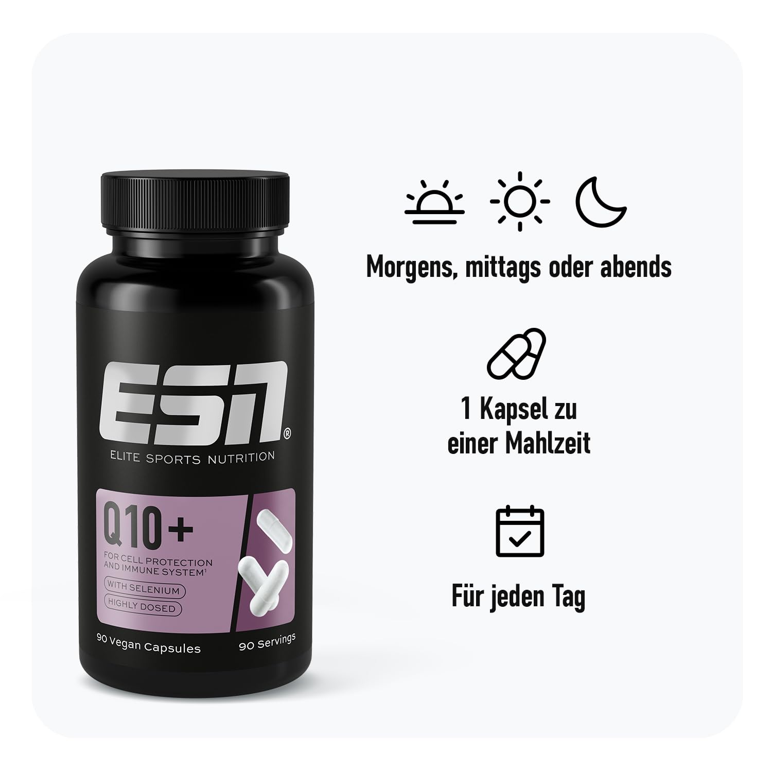 ESN Q10 Pro + Selen, 90 Kapseln, hochdosiert, 200 mg Coenzym Q10 + 18 µg Selen pro Kapsel, vegan & made in Germany