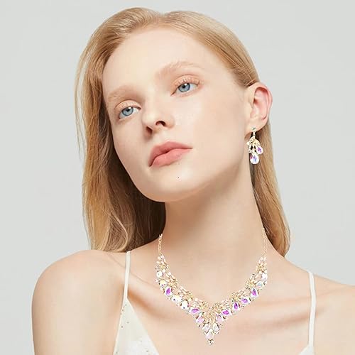 Miniatura 2 de Enrwin Gold Plated Wedding Bridal Bridesmaid Austrian Crystal Pearl Costume Statement Necklace Dangle Earrings Jewelry Set for Wedding Party Prom