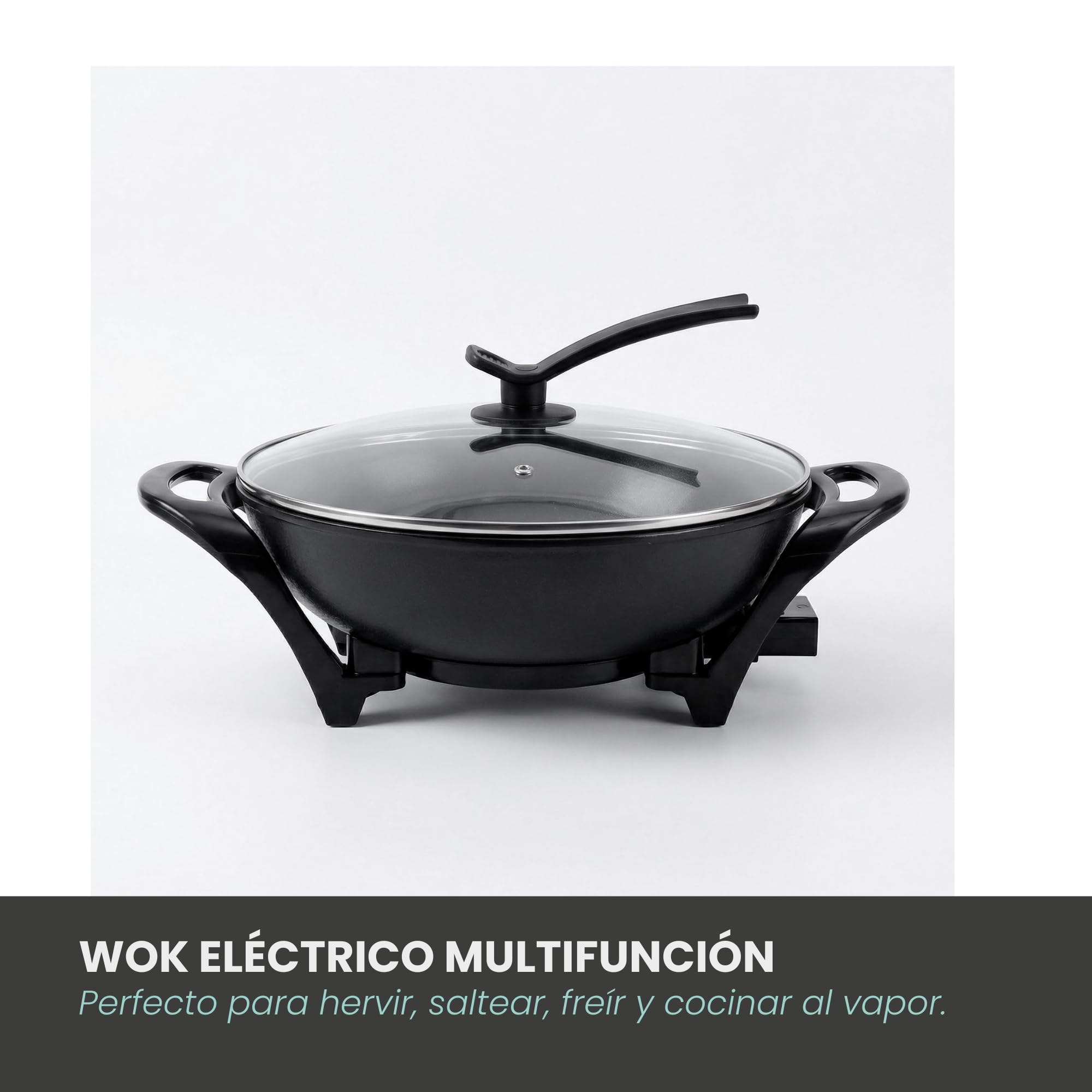 Jocca-Wok Eléctrico Multifunción 32 cm con Tapa de Cristal, Revestimiento Cerámico Antiadherente, Termostato Ajustable, 1600W, Ideal para Saltear, Freír y Cocinar al Vapor