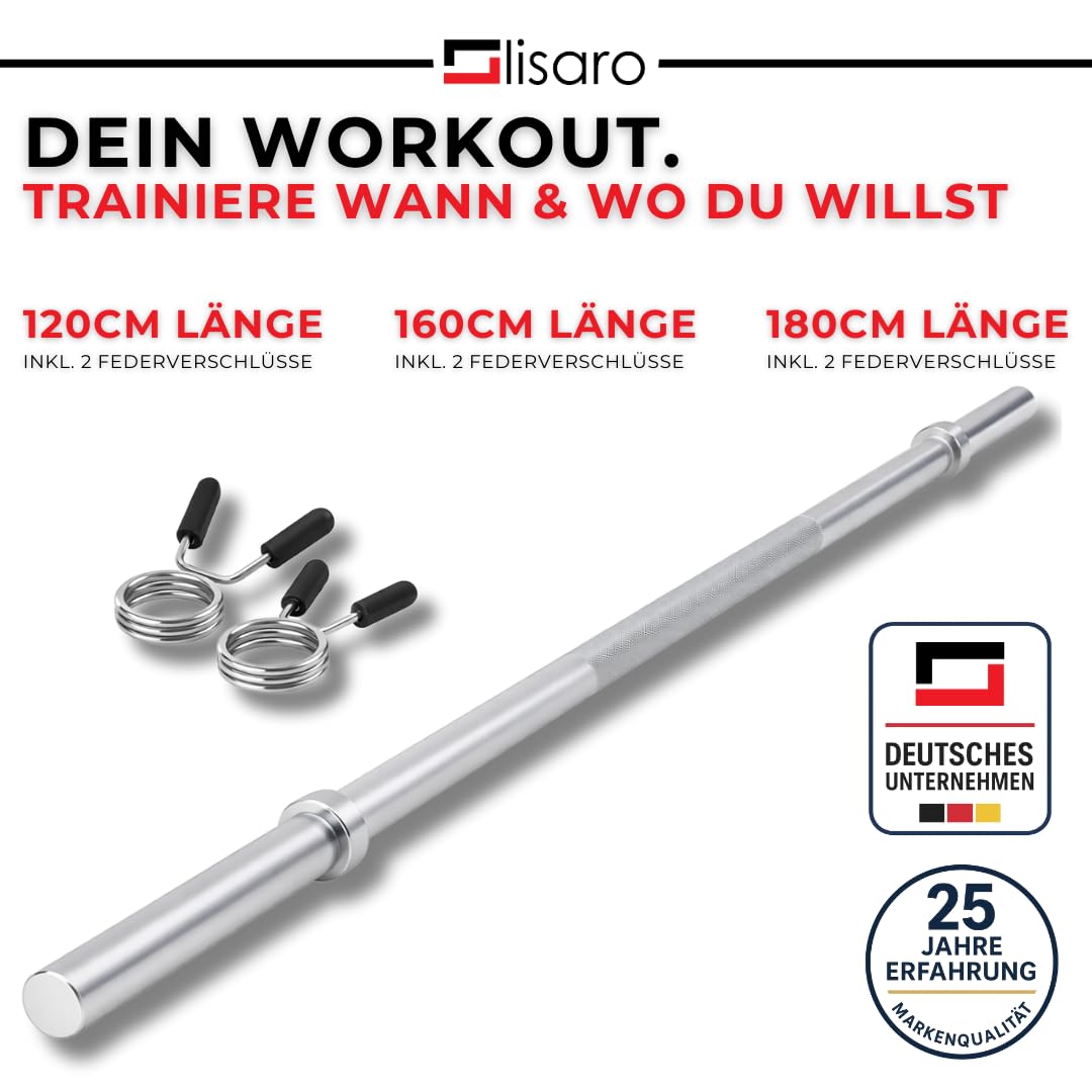 Lisaro® Sztanga długa z zamknięciami sprężynowymi – Ø 30 mm, długość 120/160/180 cm, stal chromowana, obciążenie do 200 kg – sztanga długa, sztanga do treningu siłowego i Home Gym 180 cm
