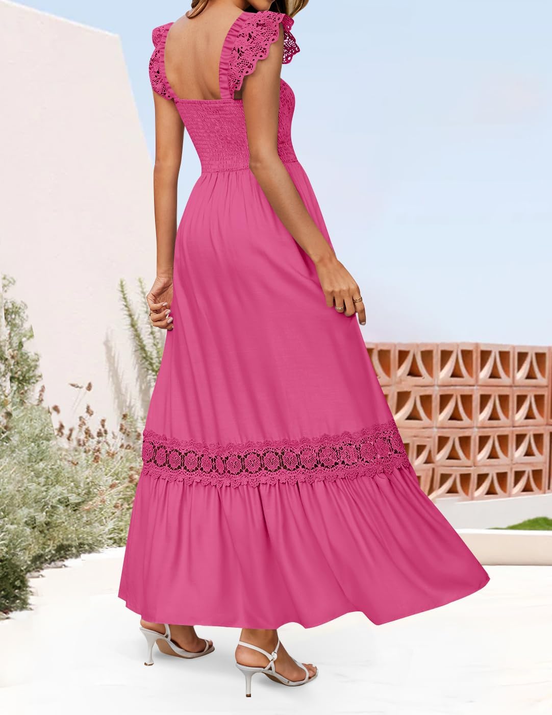 ZESICA Women's 2026 Summer Lace Strap Sleeveless Square Neck Smocked High Waist Ruffle Hollow Out Flowy A Line Maxi Dress - Image 5