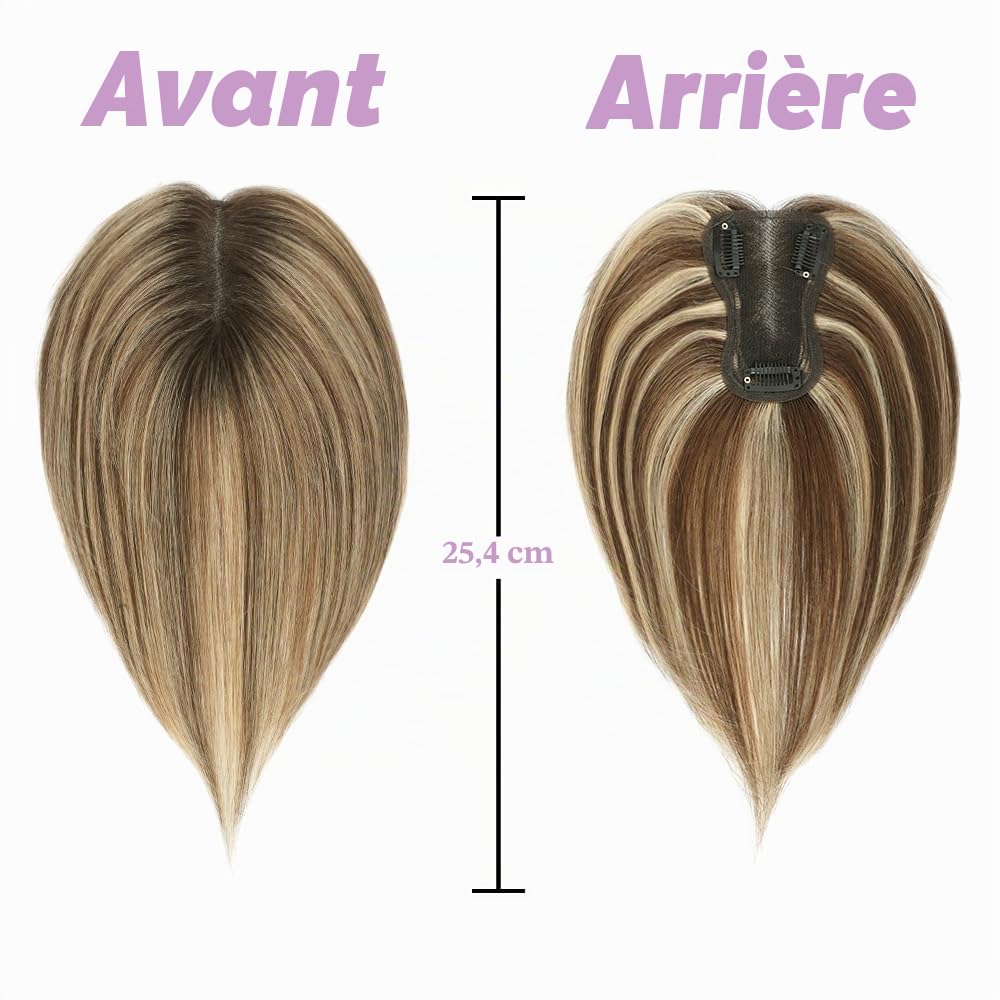Extensions de cheveux avec cheveux clairsemés 100% cheveux humains véritables pour femmes 25,4 cm Châtain moyen mélangé à blond avec racines brun foncé 120% de densité pour cheveux