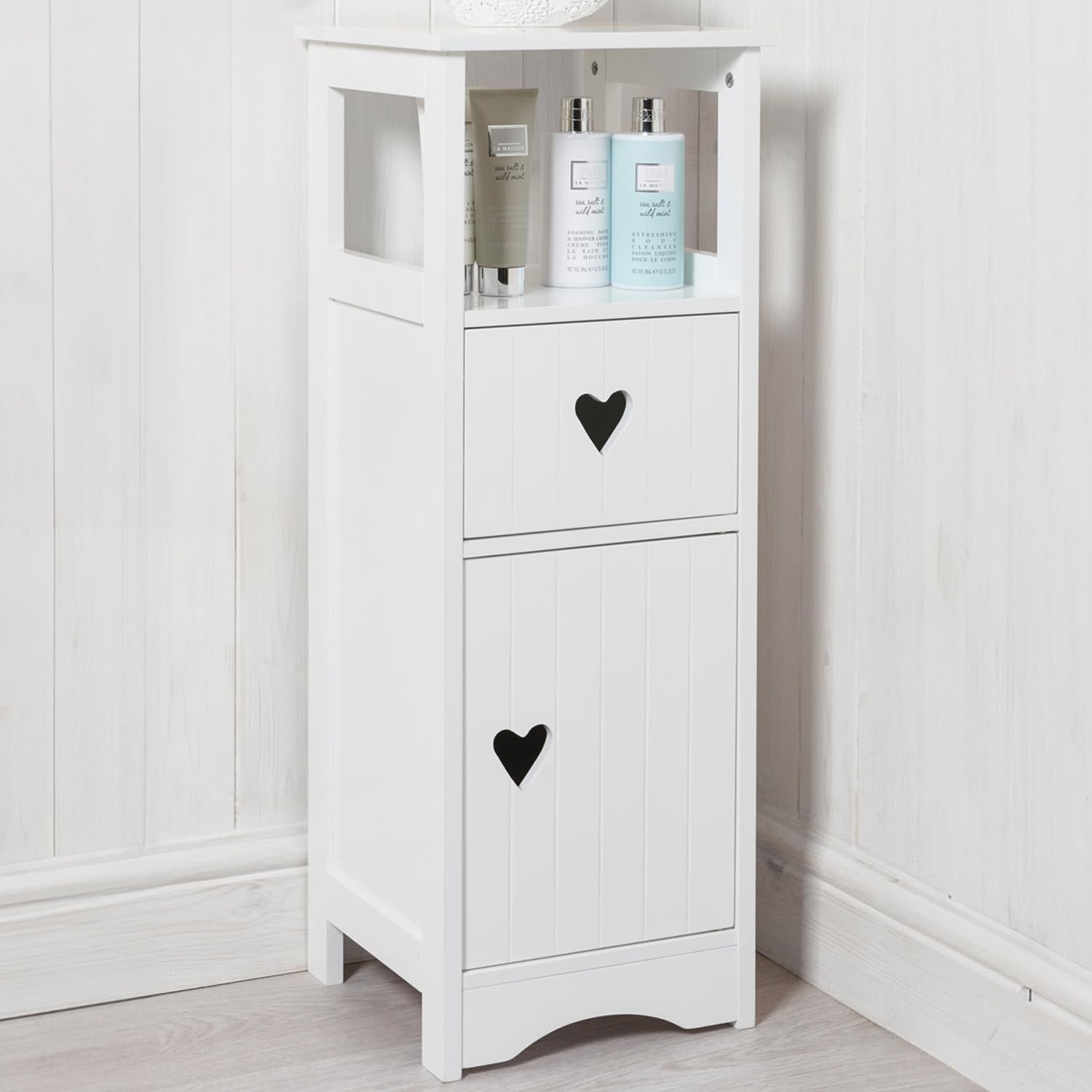 wilko Oxford Storage Bathroom Cabinet with 1 Door, 1 Drawer and Shelf, White, 29 x 28 x 79cm, MDF, Heart Handle Design, Freestanding Unit, Stylish Storage Solution, Fixings Included, Durable Design