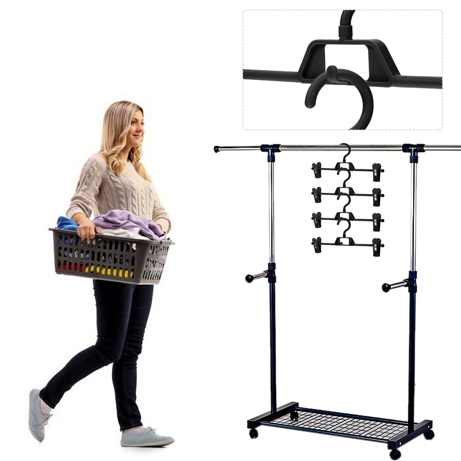Grucce per Pantaloni in Plastica Nera Pinze Regolabili Set 10 Pezzi Design Antiscivolo e Retrattile, per Asciugare e Conservare Abiti a Casa