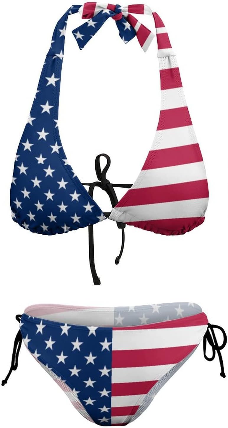 Women 2 Piece Blue Sexy Brazilian Sling Halter String Triangle American Flag Bikini Set Thong Swimsuit - Image 7