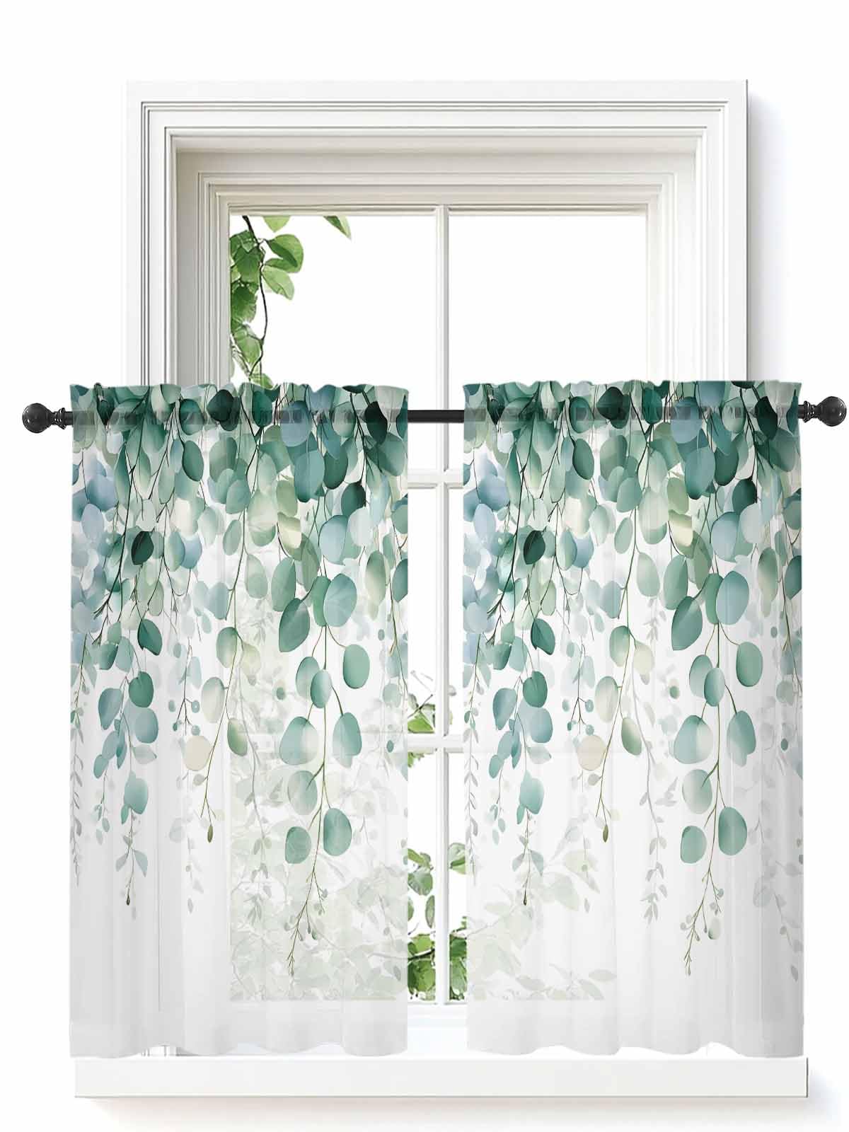 Eucalyptus Leaf Sheer Curtains for Bedroom Living Room, Spring Green Botanical Leaves Window Curtains 45 Inch Length, Plants Rod Pocket Voile Drapes