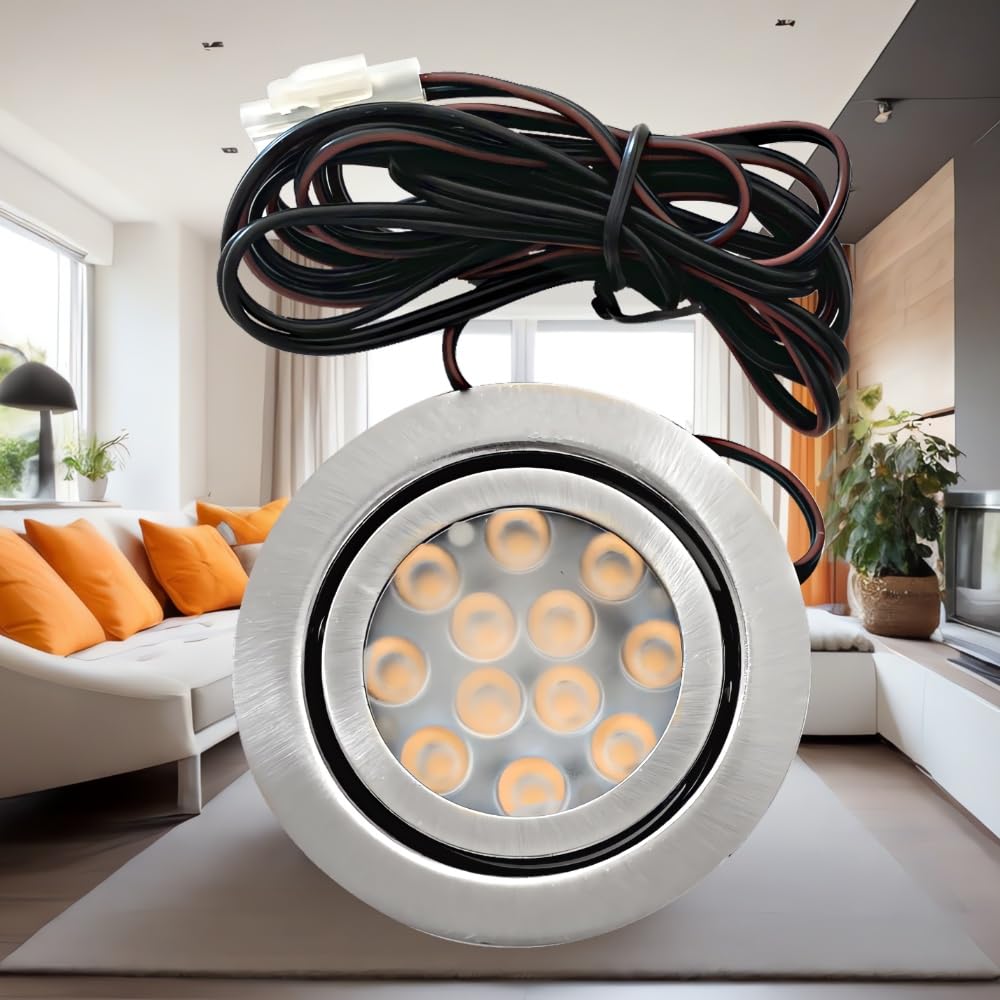 LED Möbel Einbauspots 12V flach 3 x 3W Einbauleuchte Emma 200lm mit Kabel, AMP Stecker, 3200K Warmweiß Lochausschnitt: 64 bis 68mm, Tiefe 22mm, Schwenkbar, IP20, Farbe Edelstahl gebürstet