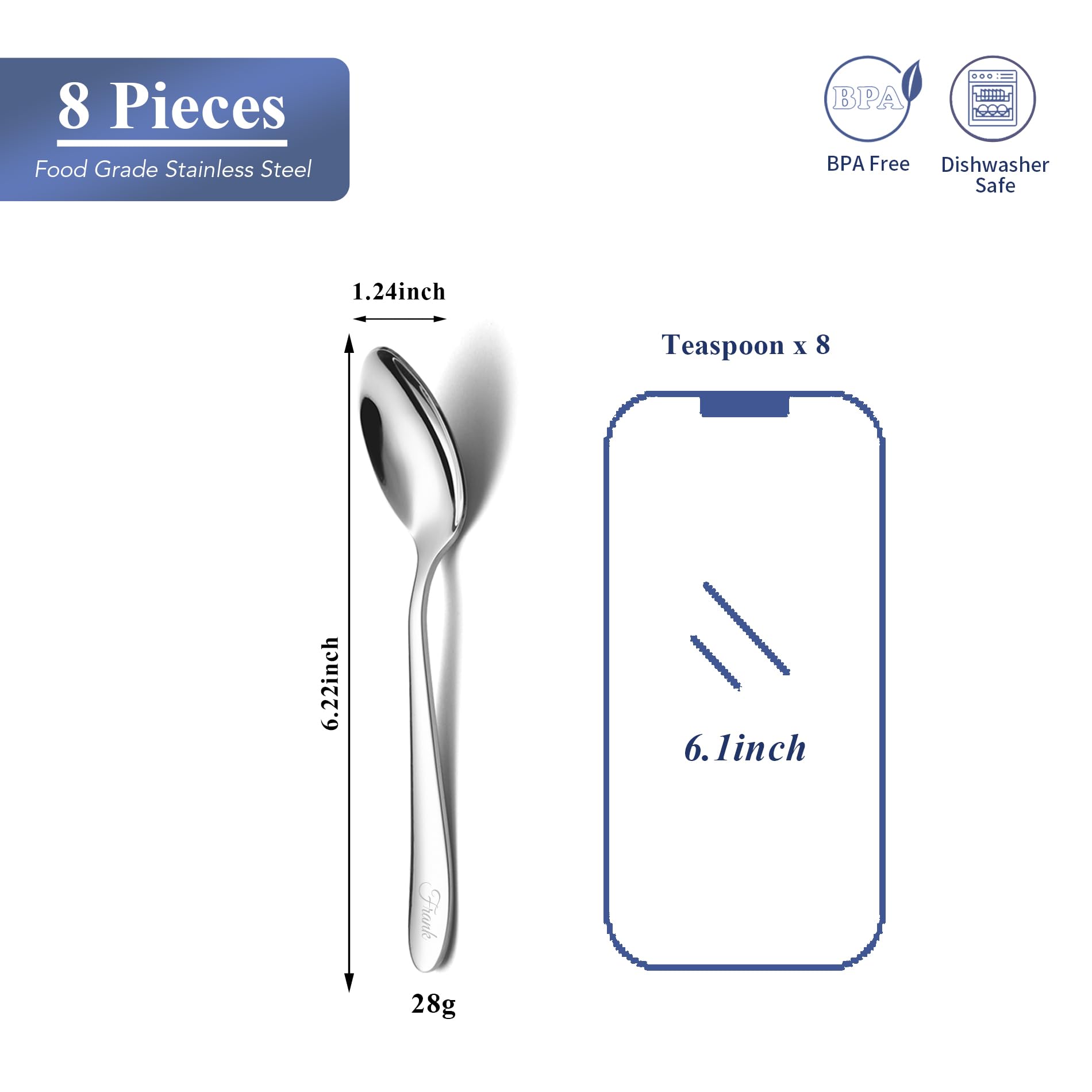 EIUBUIE Personalized Teaspoons Set, 8-piece Custom Text Engraved Spoons Silverware, 18/0 Stainless Steel Dessert Spoons, Durable Small Spoons, 6.22 Inch Tea Spoons, Dishwasher Safe