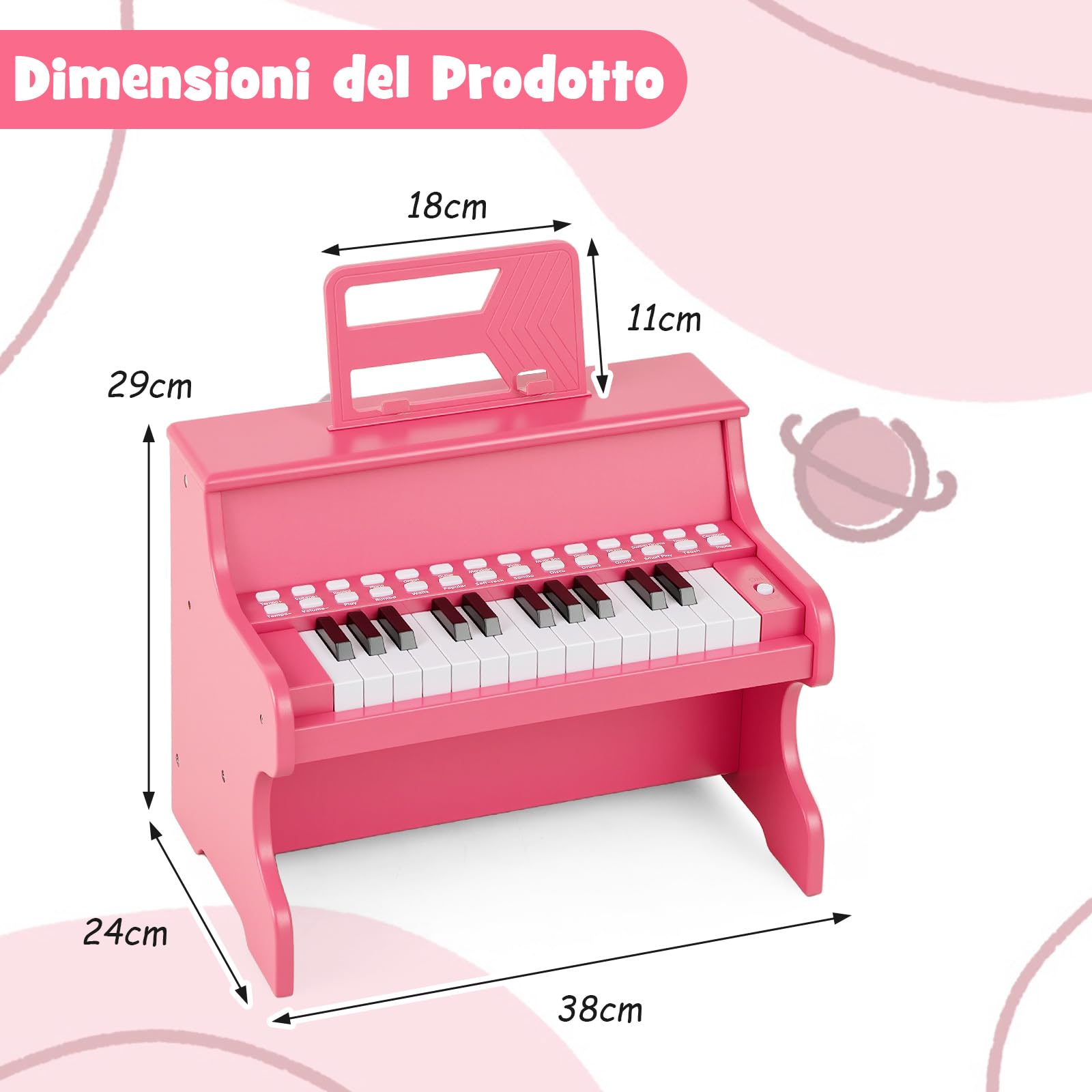 RELAX4LIFE Pianoforte per Bambini con 25 Tasti con Tasti Illuminati, Modalità Insegnamento,Portaspartiti, Funzione Registra/Riproduci, 6 Strumenti e 8 Percussioni (ROSA)