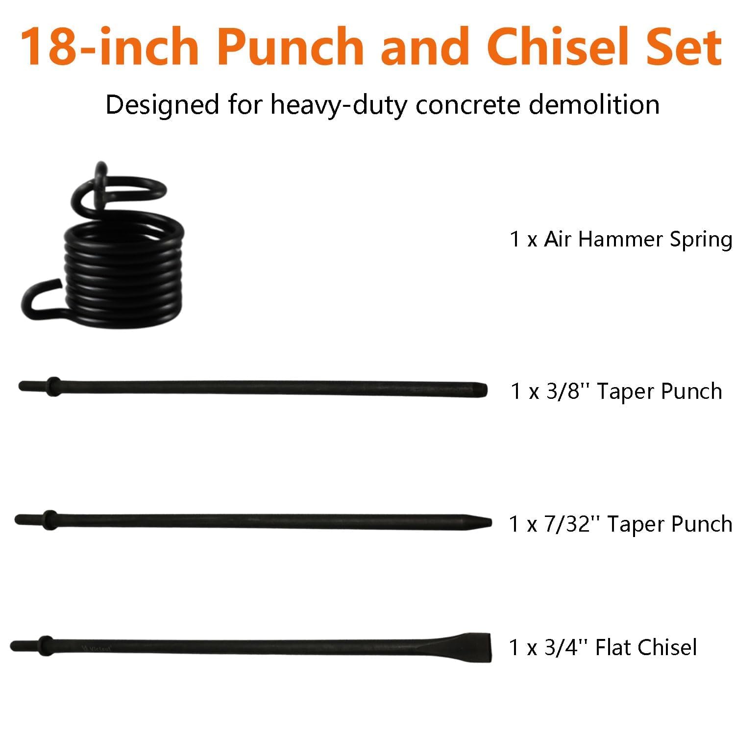 Victeut Pneumatic Punch and Cold Chisel 18'' Long 3-Piece Set, 7/32'' Point Tip, 3/8'' Point Tip, 3/4'' Flat Chisel, 0.401