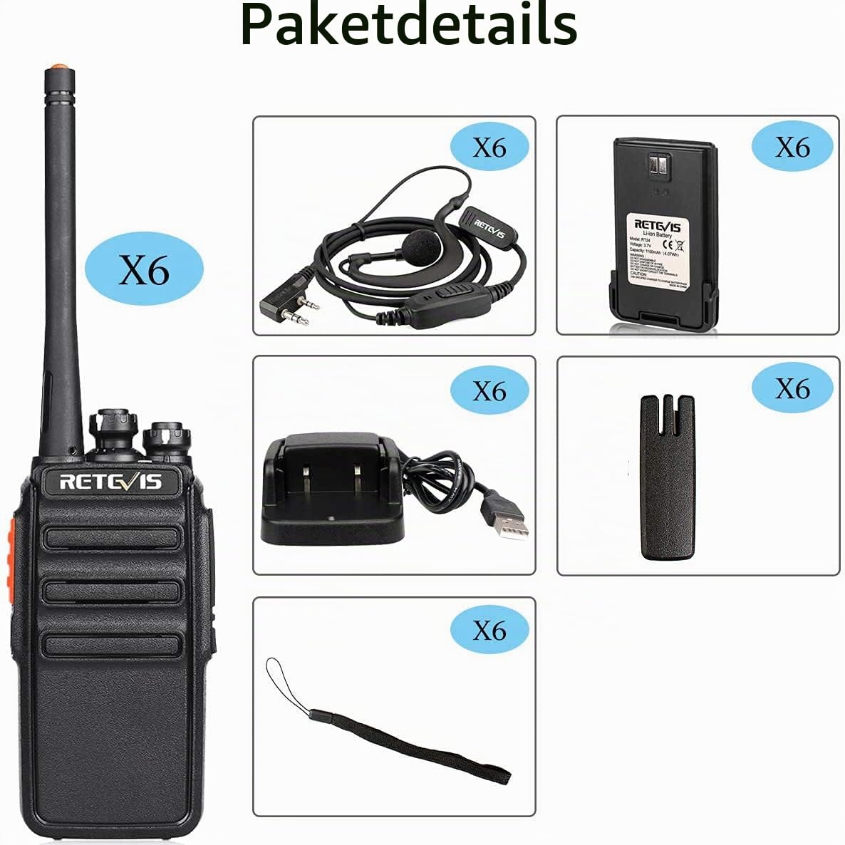 Retevis RT24 Plus Funkgeräte Professionell, PMR Walkie-Talkie Erwachsene Aufladbar, 16 Kanäle VOX CTCSS&DCS, Funksysteme mit Headset, Walki Talki 6er Set für Schule und Gewerbe (6 STK, Schwarz)