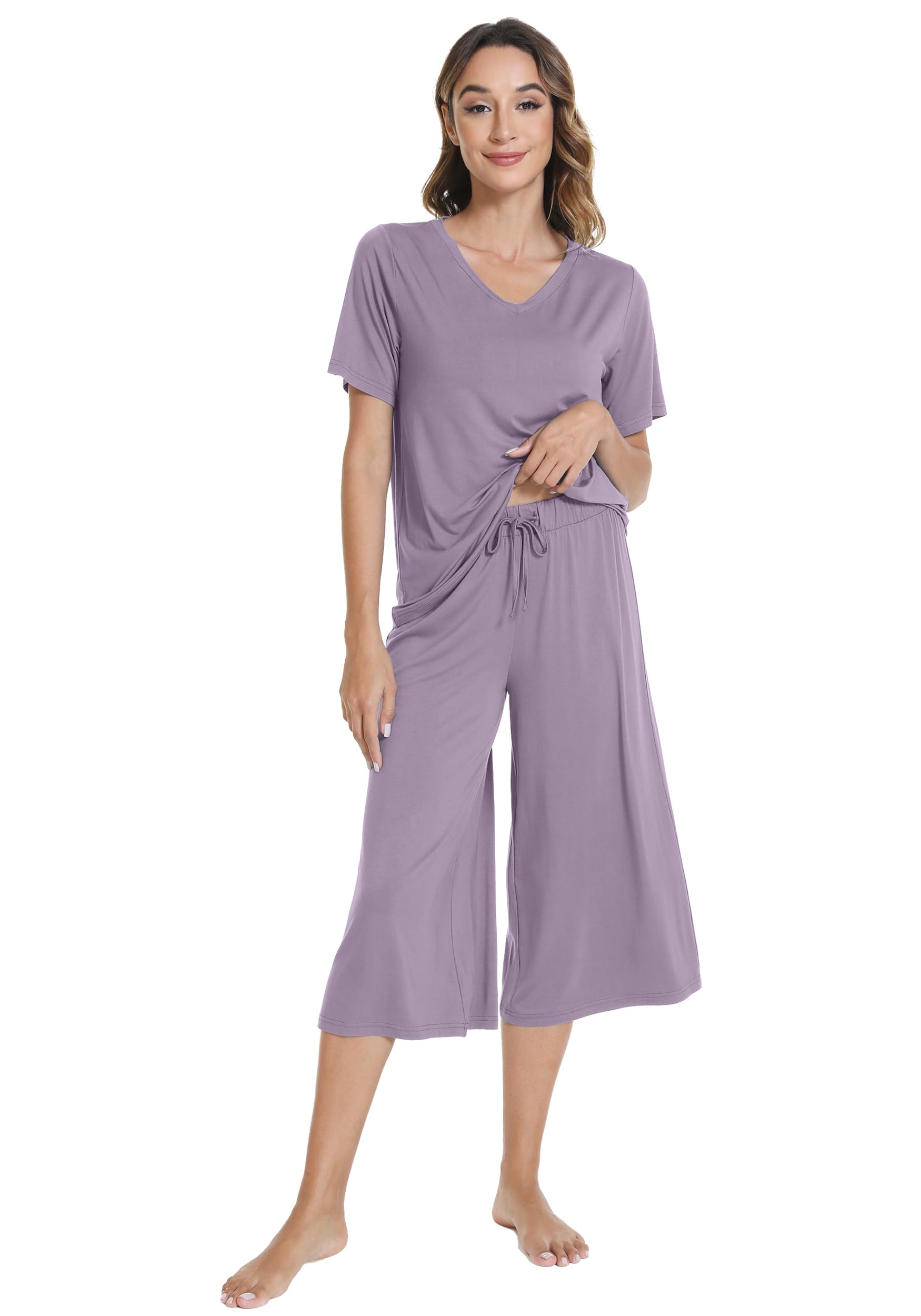 WiWi Pigiama da donna in bambù, con scollo a V, a righe, con top corto e pantaloni capri, abbigliamento da casa S-XXL