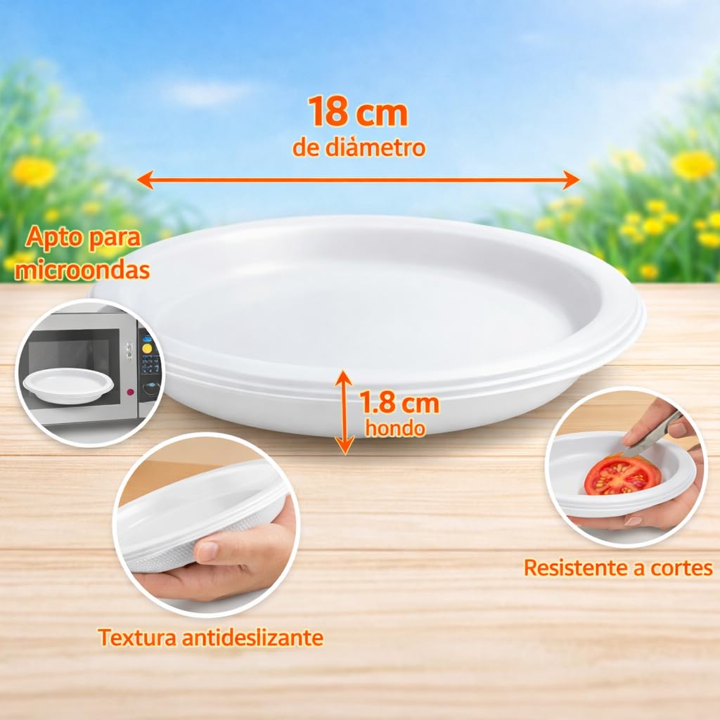 500 platos desechables de bagazo de caña de azucar. compostables de coplor blanco de 18 cm 500 uds
