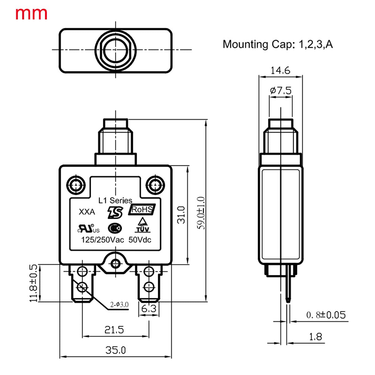 125-250V AC 50V DC Push Button Circuit Breaker 5Amp...