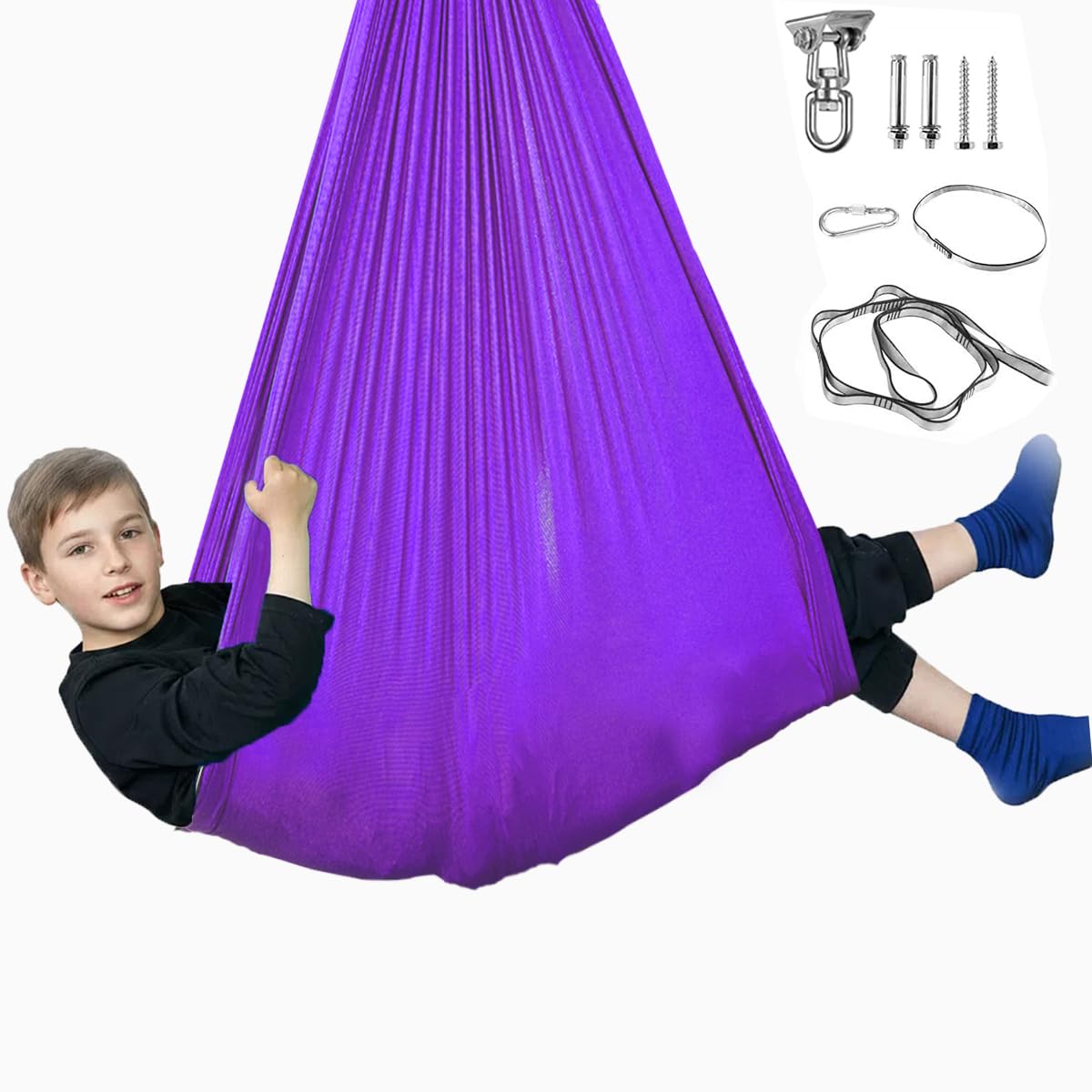 Sensory Swing for Kids &amp; Adults, Indoor Kids Swing Hammock with 360° Swivel Hanger Kit for Autism, ADHD, SPD, Snuggle Swing Holds up to 300lbs has a Calming EffectPurple