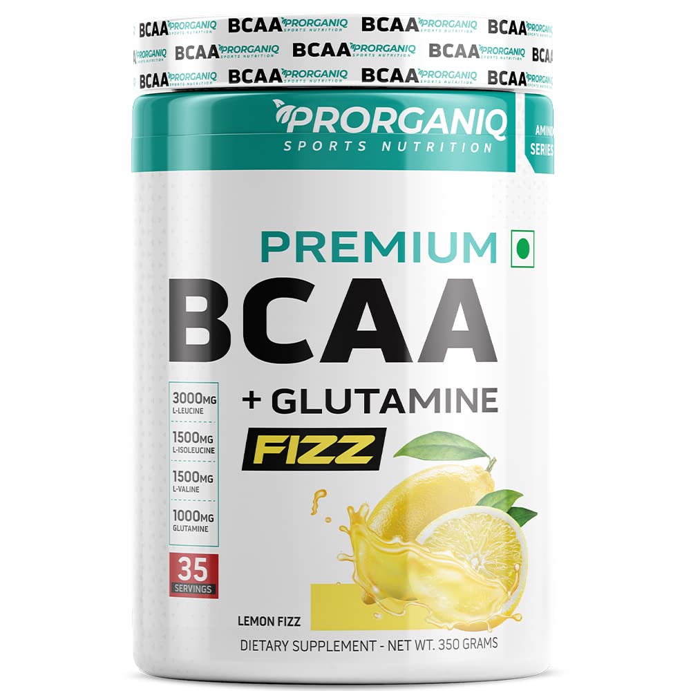 Prorganiq BCAA + Glutamine Fizz | Best BCAA Powder Supplement in India for Men and Women | Pre/Post & Intra Workout Drink for Energy, Recovery & Performance | 30 Servings (Lemon Fizz)