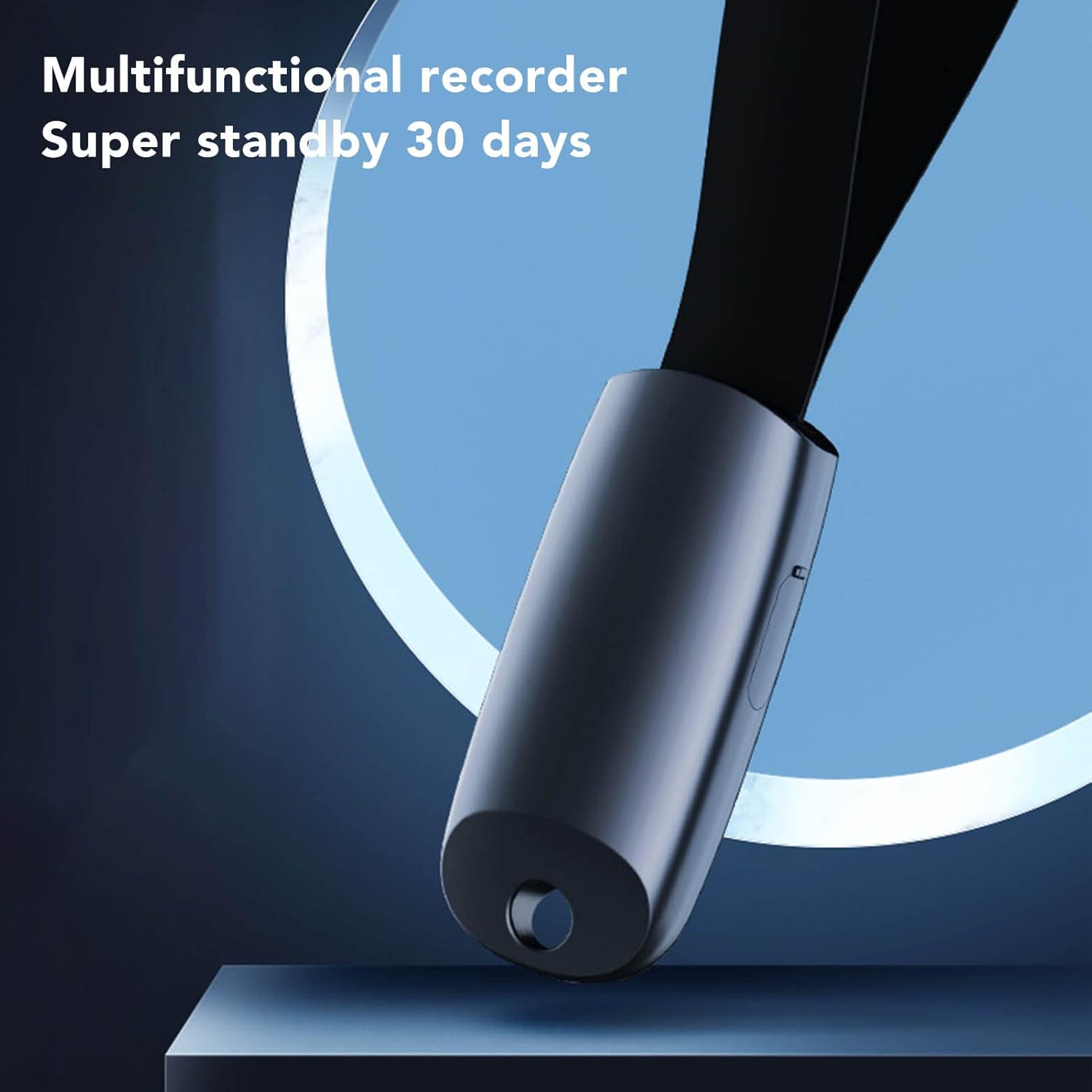 A close-up of the keychain voice recorder with text overlay 'Multifunctional recorder Super standby 30 days'.
