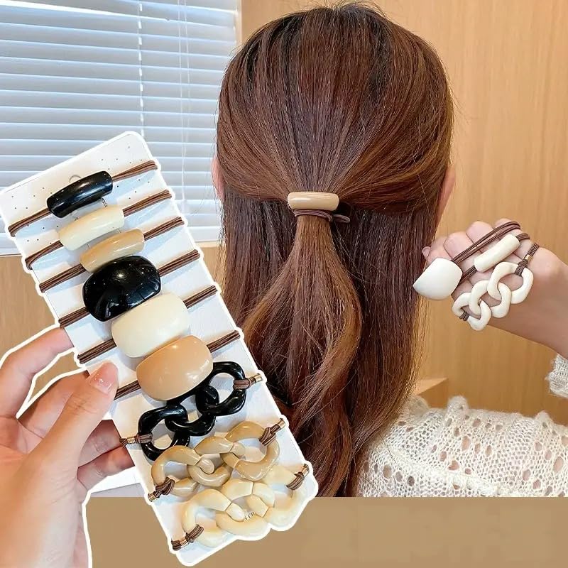 Diversa Bold Elastic Rubber Bands, Geometric Chain Rubber Band, Trendy Ponytail Holders, Hair Accessories for Women & Girls, Pack of 9, (Coffee, Black, Beige)