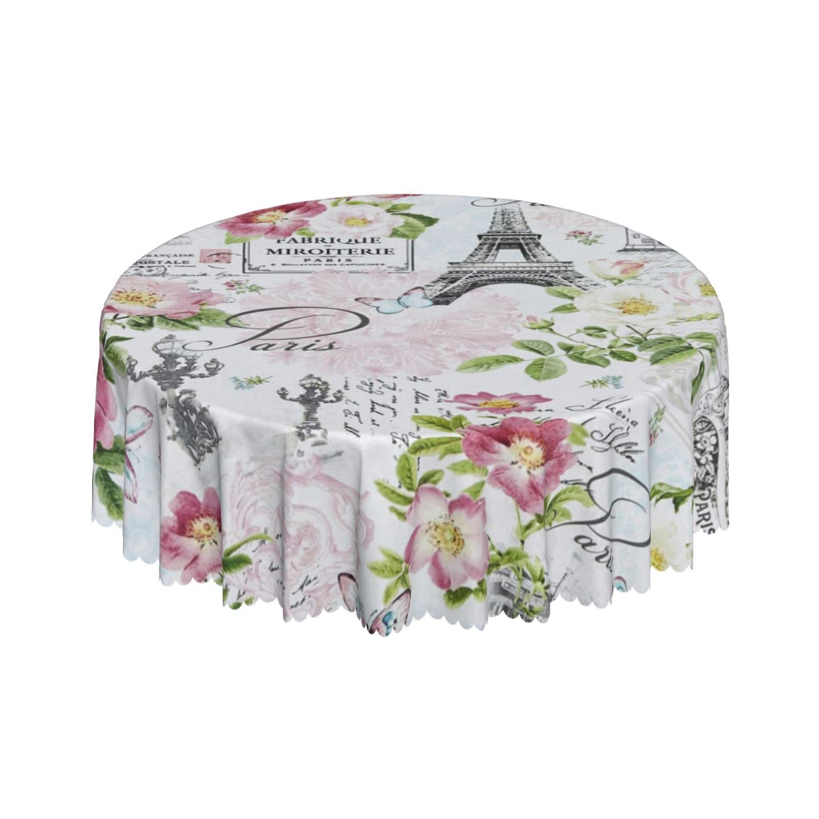 Lsjuee Paris Pink Rose Romance Round Tablecloth 60 Inch Printed Washable Tablecloth for Dining Party Holiday Fall Home Decorative