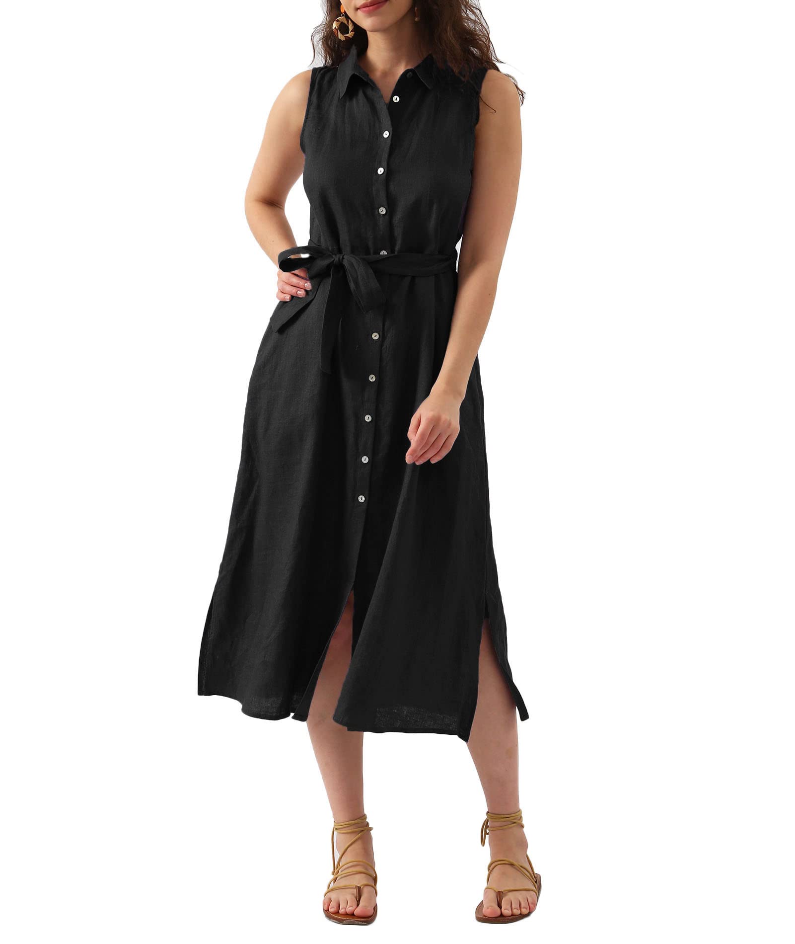 Amazhiyu Leinenkleider Damen Sommer Hemdkleid Blusenkleid Lang Mit Taschen