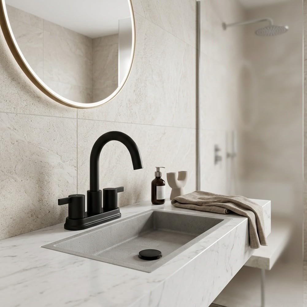 Rubinetto Miscelatore per lavabo a Due Maniglie in Acciaio Inox, Nero, a 3 Fori, con piletta a Sollevamento, Design Moderno, 33x26 cm.