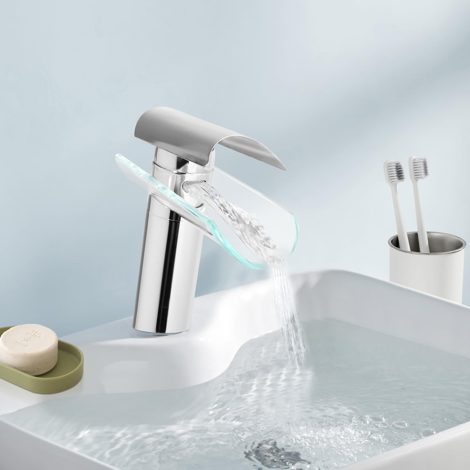 Robinet moderne cascade mitigeur de lavabo monocommande robinet de salle de bain en acier inoxydable mitigeur de lavabo pour salle de bain, argent