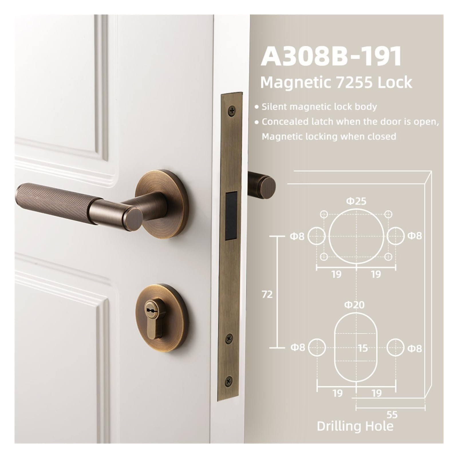 Dooroom-Juego de cerradura de puerta de latón, cerradura de privacidad de paso simulado moleteado, dormitorios, salas de estar, baños(Magnetic 7255 Lock)