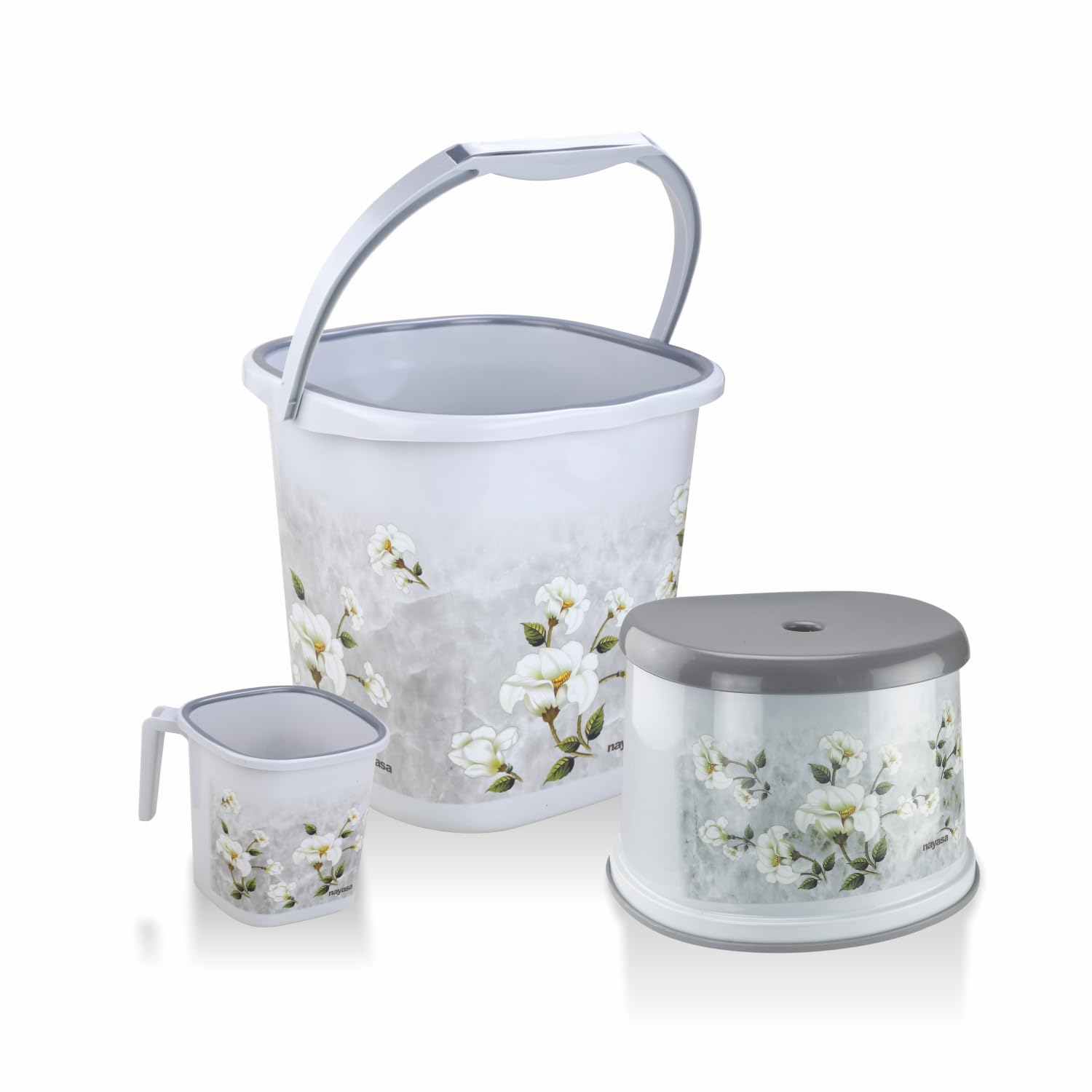 Nayasa Square Ring Marble Plastic Set for Bathroom | 25 Liters Bucket & 1.5 Liters Mug | Bathroom Set of 3 | Accessories Set | Bucket and Mug with Stool | Grey
