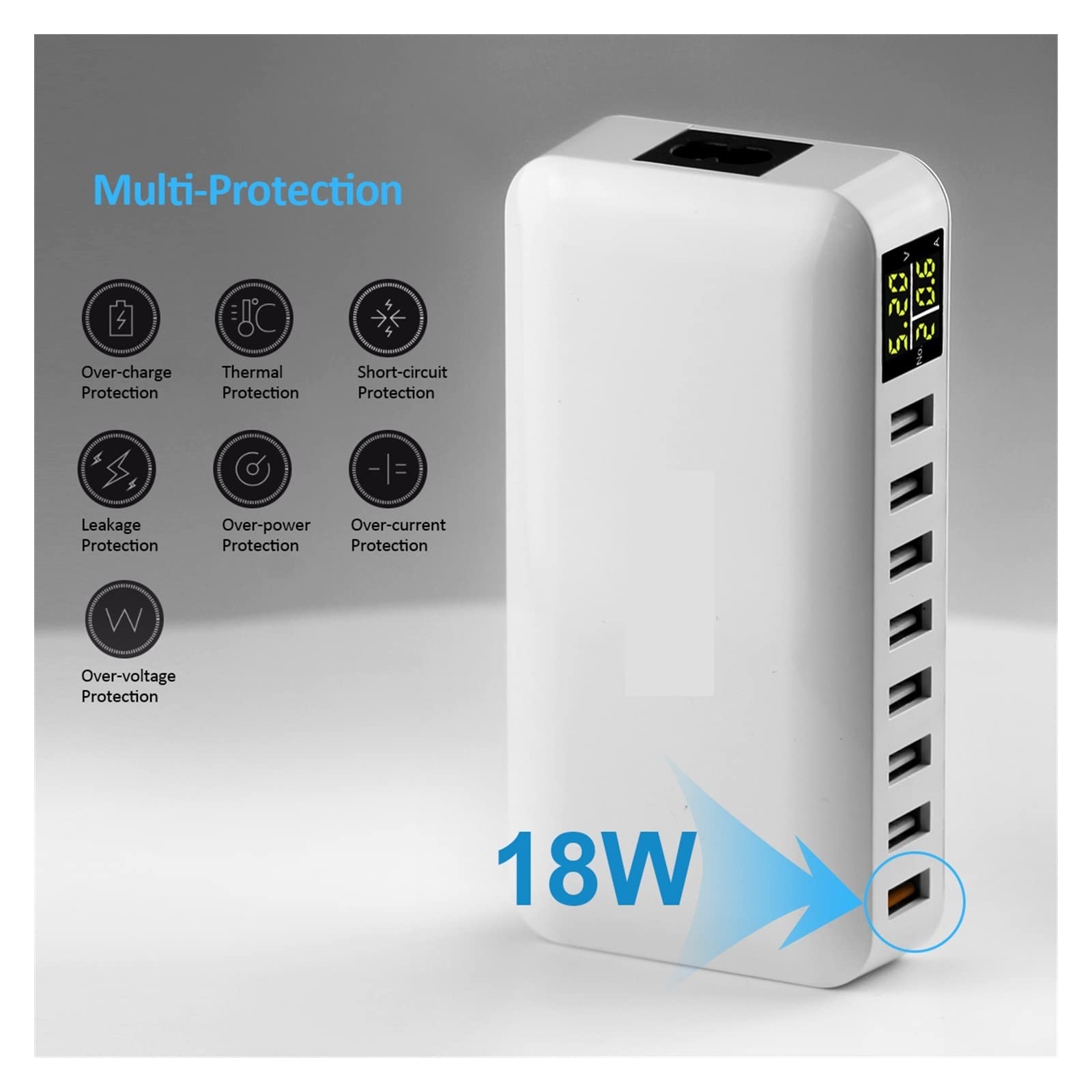 Caricabatterie rapido a 8 Porte 60W QC3.0 con Stazione di Ricarica for Cavo, Tecnologia rilevamento Automatico a Rapida, for Tablet Smartphone, Uso Domestico Caricabatterie Sicuro