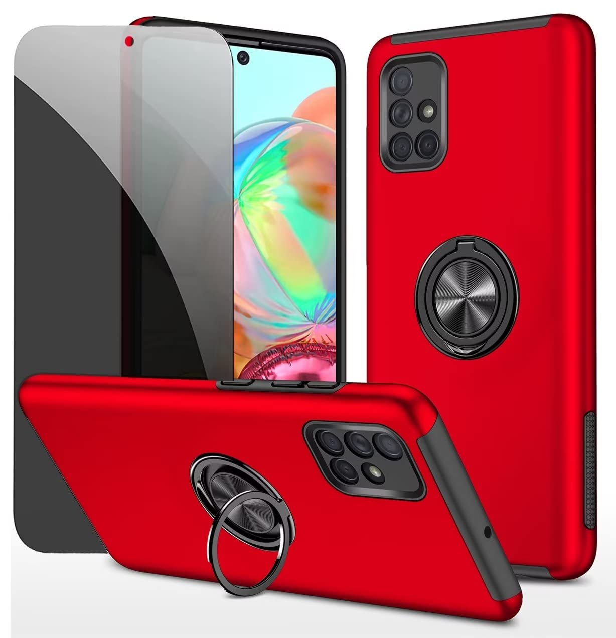 Dechyi Dechyi Privacidad Funda para Samsung Galaxy A71 4G Carcasa con Anti Espía Vidrio Templado de Privacidad con Soporte de Anillo- Rojo