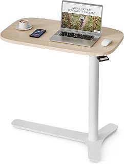 Muvai Overbed Bedside Table with Hidden Casters,30 Inches Adjustable Height Pneumatic Mobile Laptop Standing Desk, Rolling Computer Table for Home & Hospital Use ，Light Rustic Brown 30" W x 17.7" D