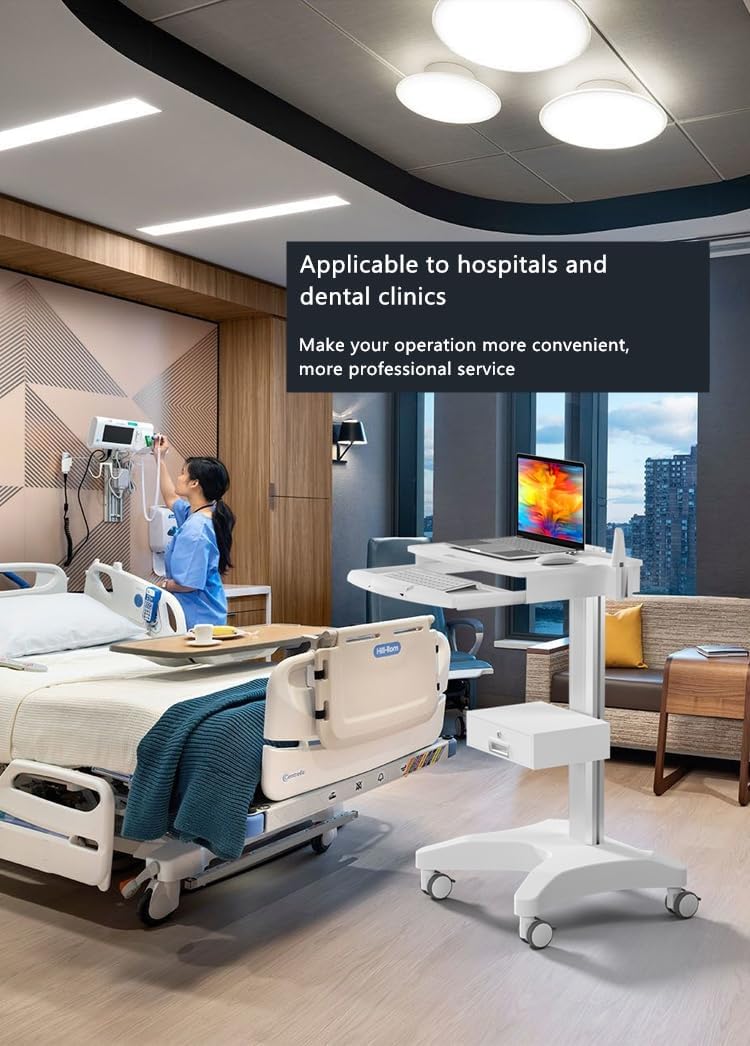 Mount Plus MB-C03 Lockable Wheels Aluminum Structure Medical Laptop Trolley Cart with Large Tabletop, Oral Scanner Holder, Keyboard Holder and Storage Box for Dental Office, Hospital, Clinic and Home