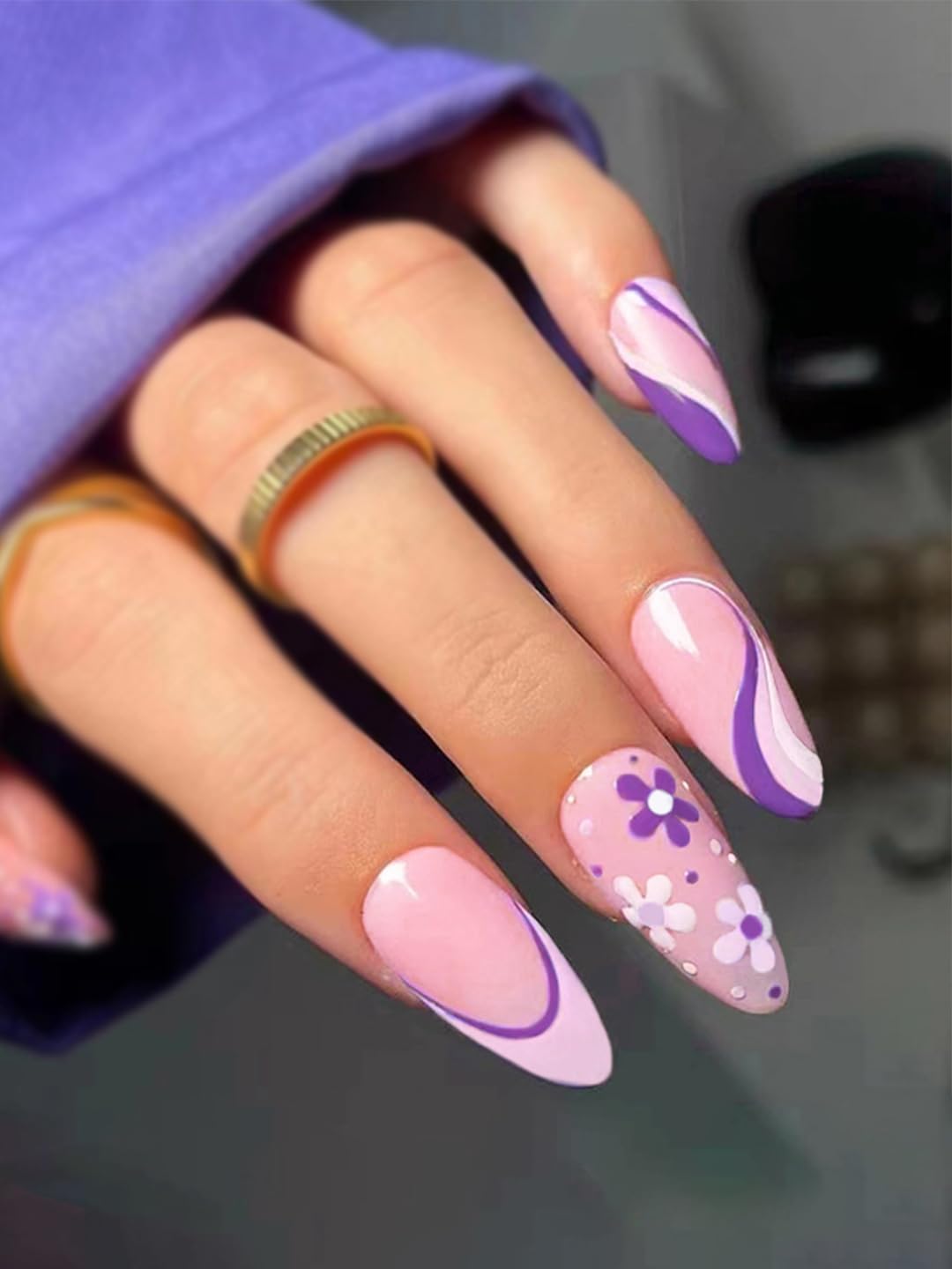 Secret Lives Premium Glossy Reusable Artificial Light Pink Color with white & purple Flower and Stripes Fake False Press on Nails 24 pieces Set with Kit-image-41