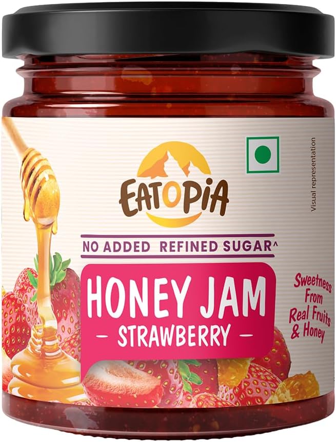 Eatopia Sugar Free Strawberry Honey Jam | 100% Pure & Natural | Healthy Jam for Kids & Adults | No Added Flavours & Preservatives | 70% Real Strawberries | Sweetness from Real Fruits & Honey | Pack of 1 | 240g