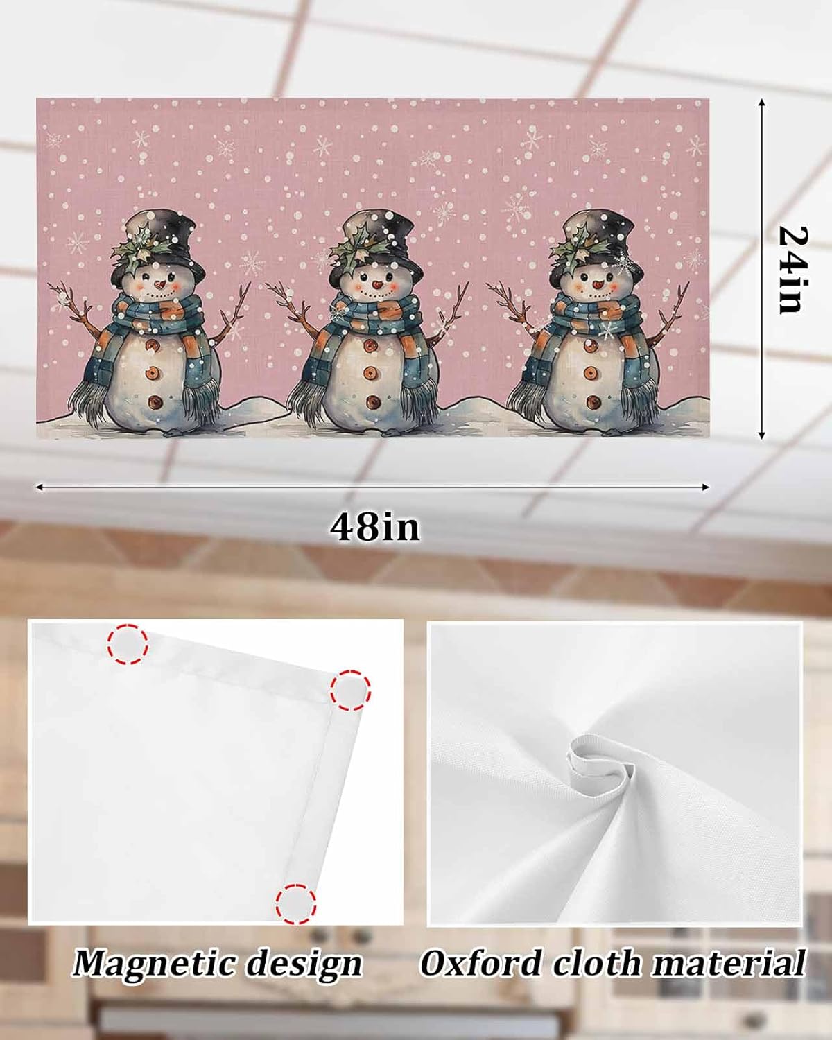 3PCS Christmas Cartoon Snowman with Snowflakes Pink Fluorescent Light Cover, Ceiling Lampshade Decor with 10 Magnets Fixtures, Print Light Filters Cover Panel for Any Place Supplies
