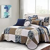 Home Soft Things Patchwork 8 Piece Bedspread Quilt Set, Soft Lightweight Colorful Plaid Floral Scalloped Edge Boho Shabby Chic Bedding Set Coverlet Thin Comforter, Dark Blue, Queen (106' x 106')