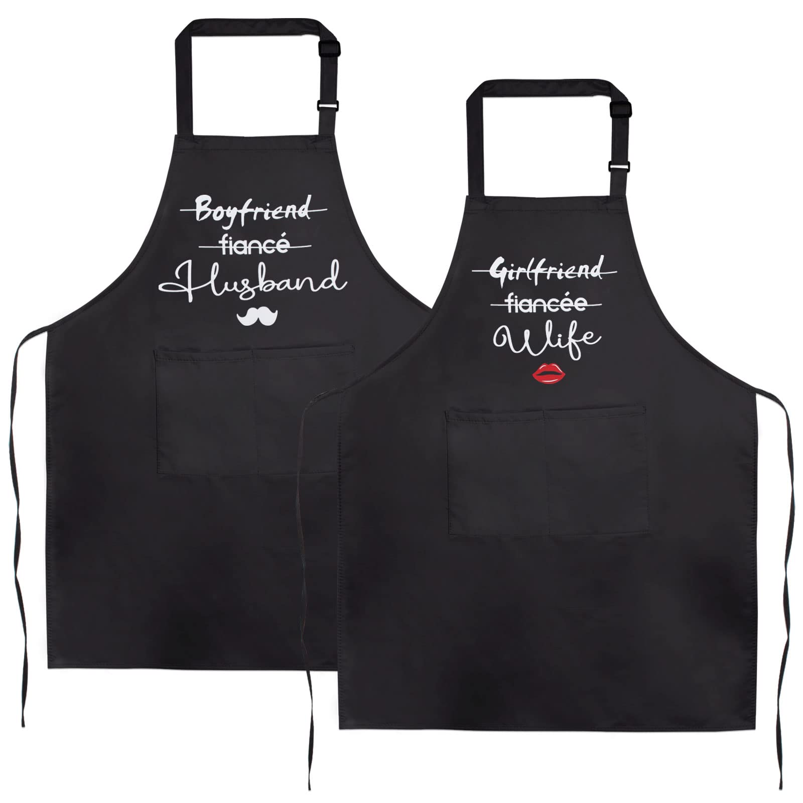 2 pcs Black Couple Kitchen Aprons Adjustable Waterproof 70cm Extension Belt Cooking Aprons for Couple Husband Wife Letters Apron Birthday Valentine's Day Anniversary Wedding Gift for Couple