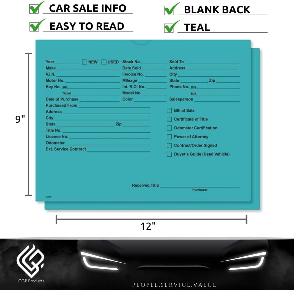Printed Vehicle Deal Jackets Envelopes Folders for Auto Car Dealerships - 9x12 Size - Dealer Supplies - New and Used Cars - 100 Quantity (Teal)
