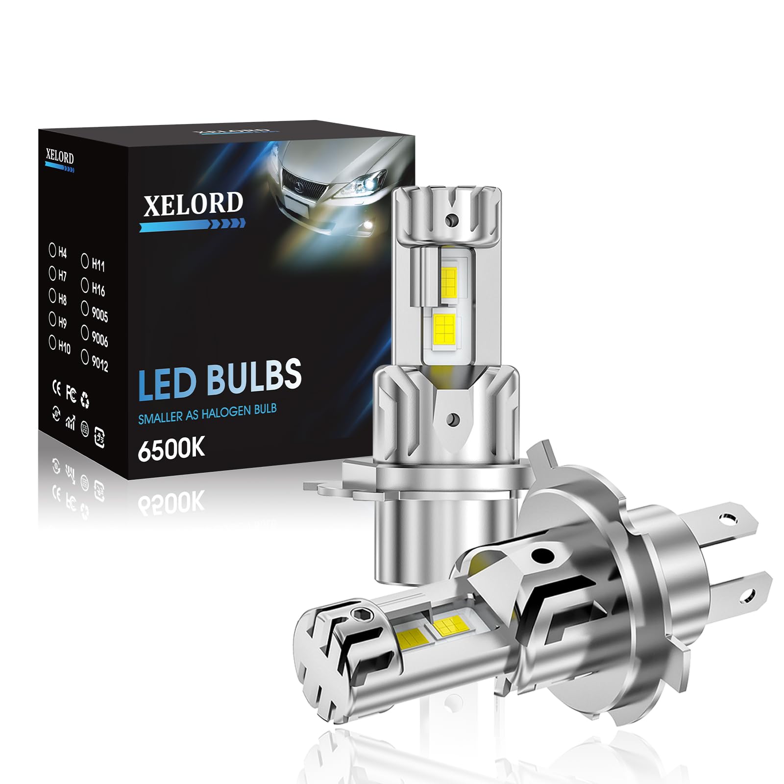 XELORD H4 LEDヘッドライト バルブ 爆光 Hi/Lo切替 6500K ホワイト CSPチップ搭載 【新基準車検対応】12V/24V車対応(ハイブリッド車・EV車対応) 静音ファンレス ノイズ対策済み 一体型 簡単取付 2個セット - 1