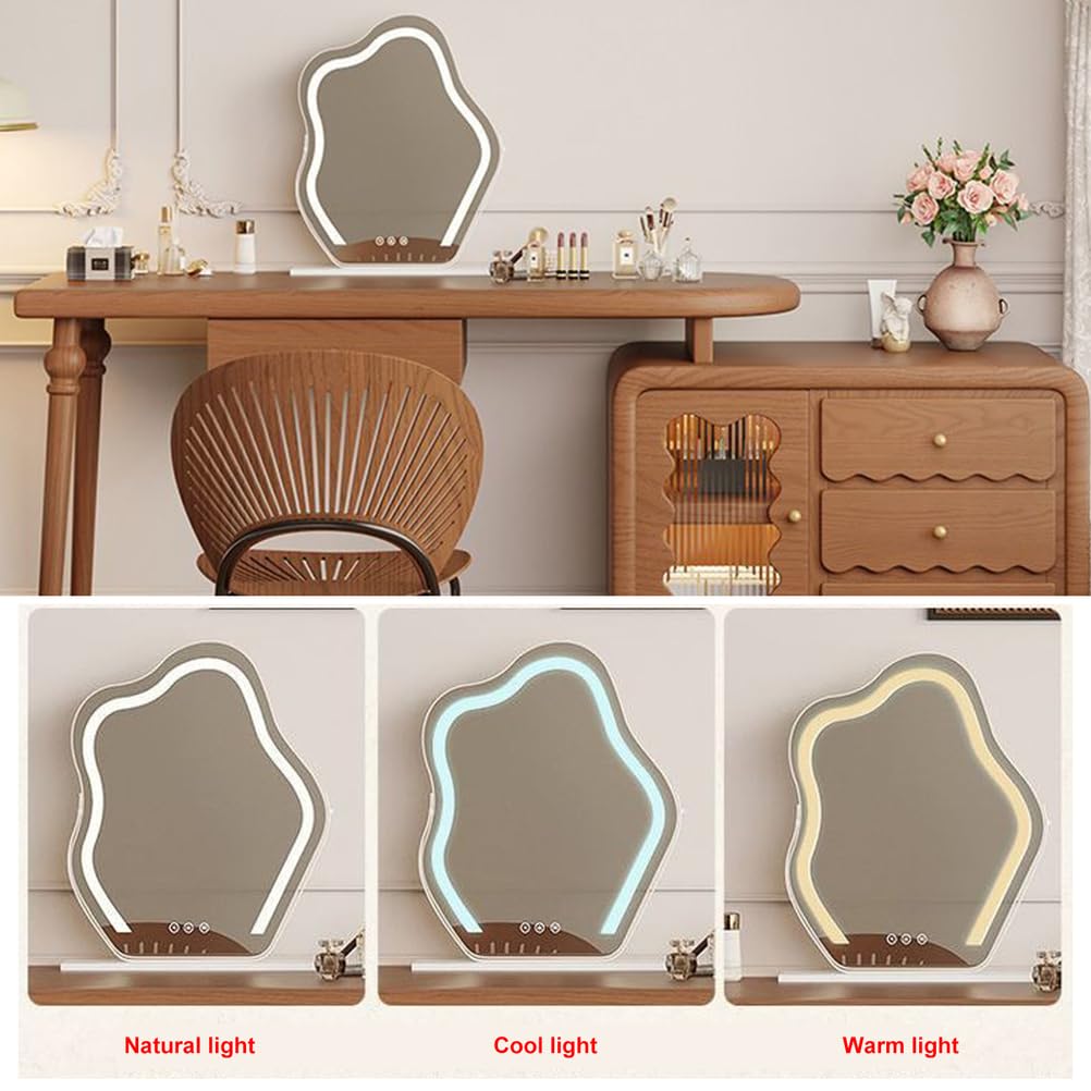 Tavolo da trucco asimmetrico con cassetti e armadietto, 3 modalità di illuminazione per camera da letto, design moderno, elegante tavolo da toeletta ideale per gli amanti del trucco