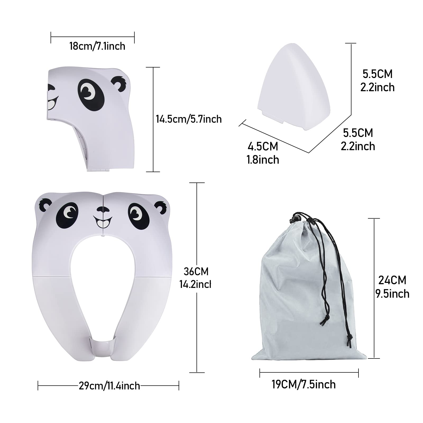 Asiento de Inodoro Plegable para Niños, Reductor WC de Viajes Plegable, Portatil Asiento Inodoro Niños con 8pcs Almohadillas Antideslizantes y 1 Bolsa de Transporte, Panda Blanco