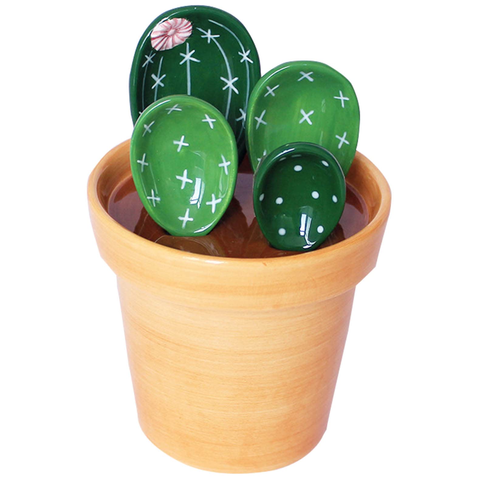 Cactus Measuring Spoons Set in Pot Ceramic Cute Small Cacti Measuring Spoons and Cups Green for Baking,Salt, Sugar Housewarming Gifts (Green)