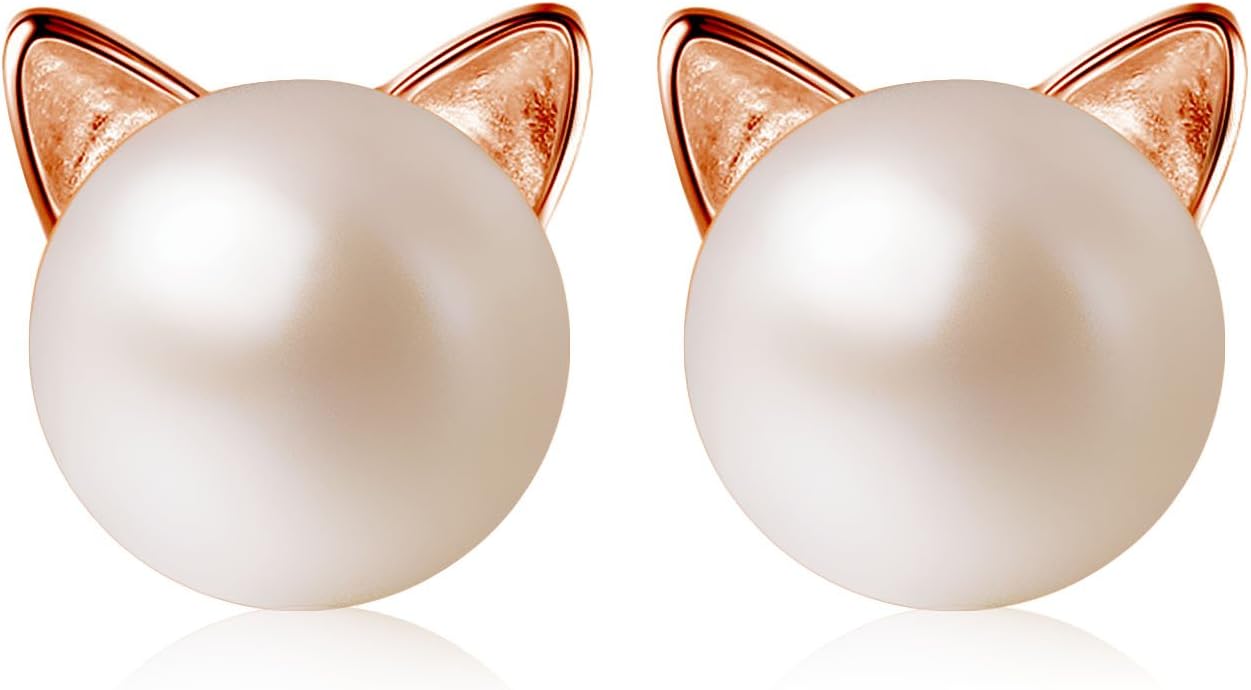 Wicary Cat Earrings Sterling Silver Pearl Earrings for Women Cat Stud Earring for Cat Lovers