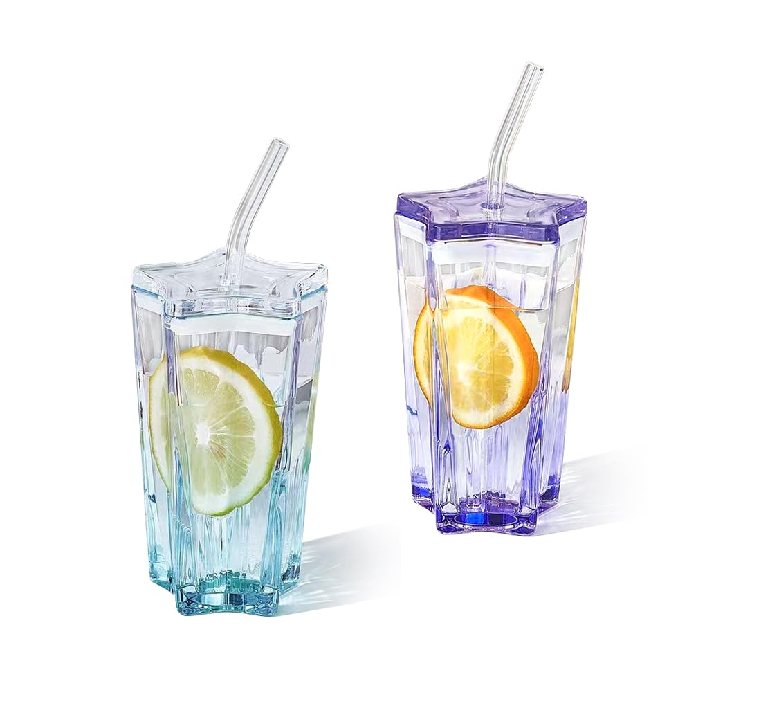LARYVIN 10oz Glass Drinking Jars with Straw Set of 2 - Drinking Cups with Glass Silicone lid for Cold & Hot Drinks - Novel Pentagram Design Mason Jars & Glass Straws. (Blue/Purple)