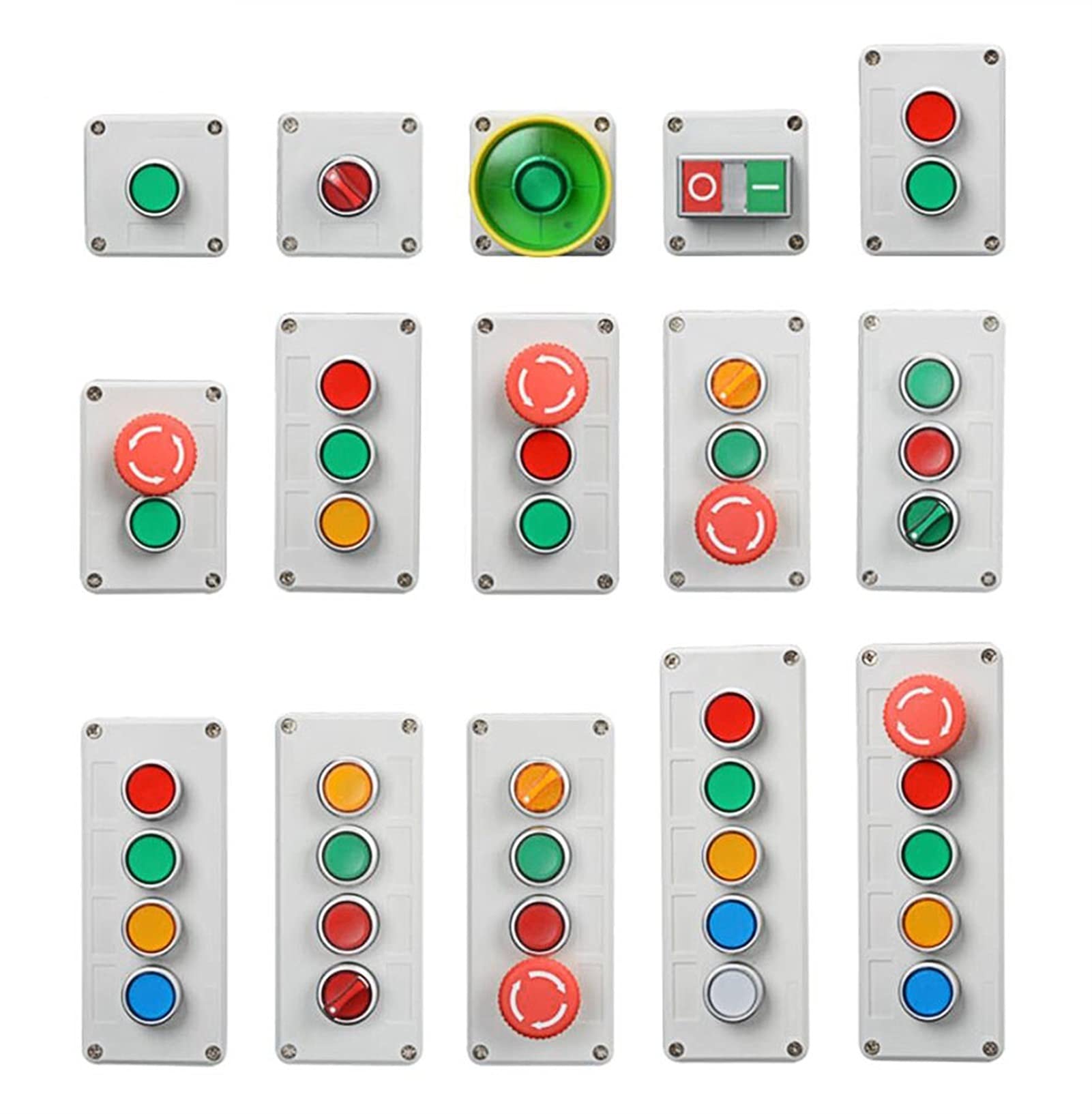 INFRI Caja de control con interruptor de botón de luz 24 V/220 V con botón de parada de emergencia auto reinicio interruptor industrial caja impermeable (color: 3 rojo, amarillo, verde, tamaño: 220 V)