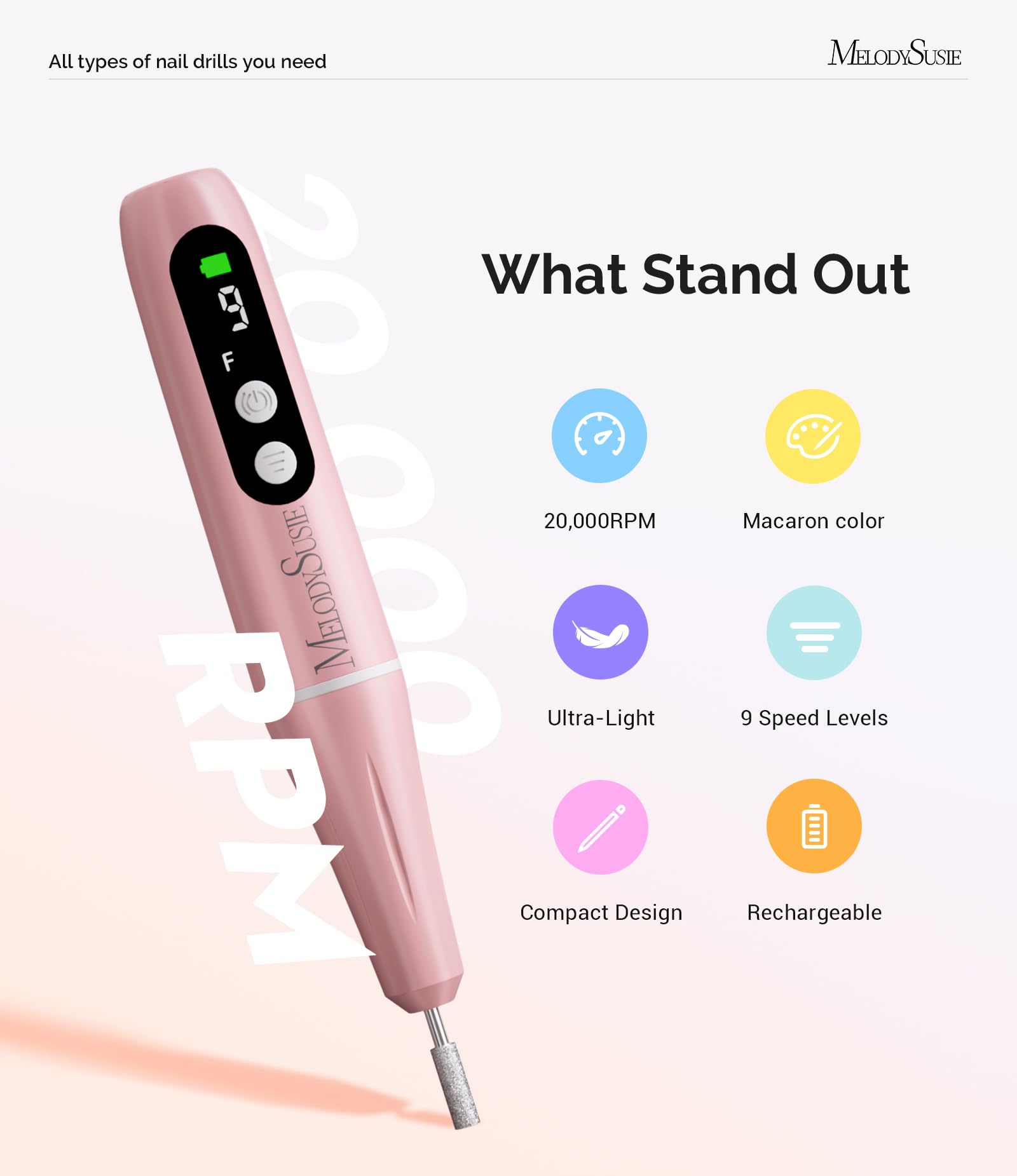 MelodySusie PC90G Rechargeable Nail Drill 20000RPM, Portable Electric Nail File for Manicure & Pedicure - Image 2